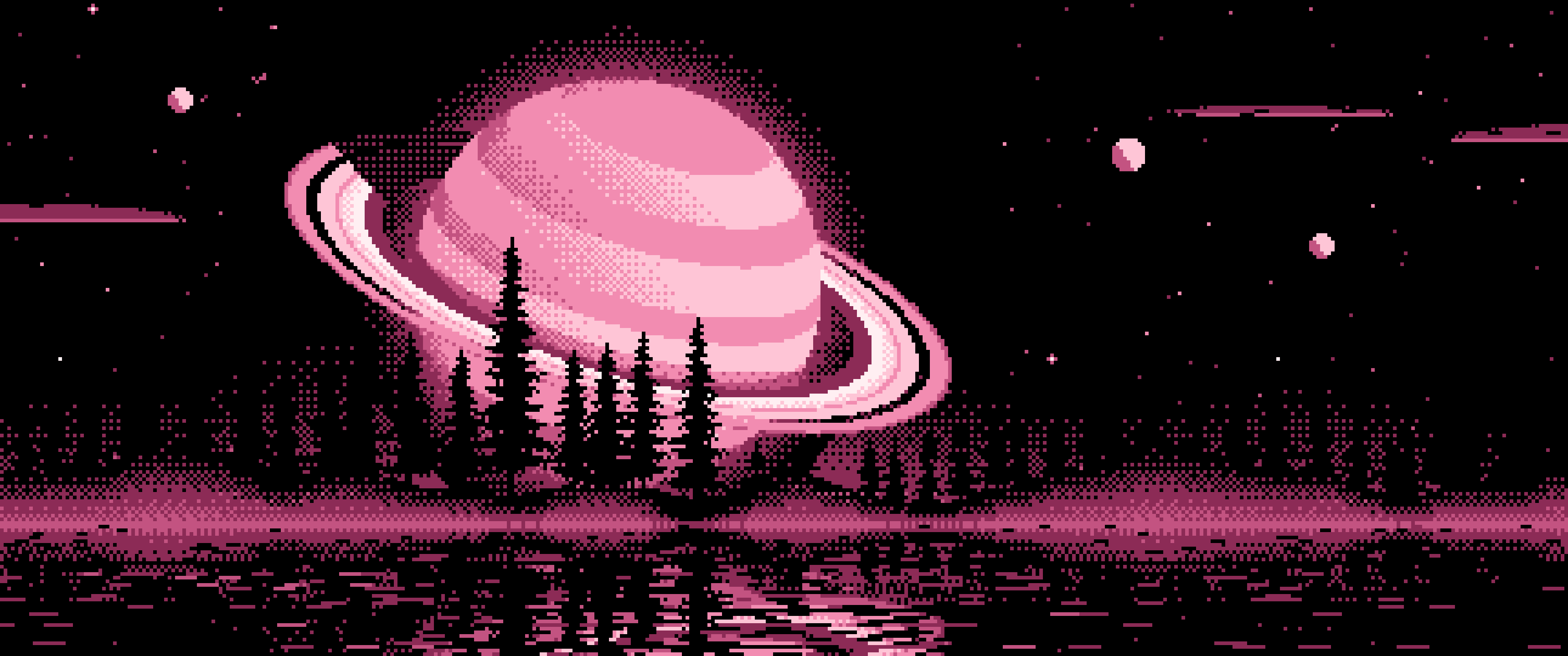 Pink Pixel Art Ringed Planet and Pine Trees ultrawide wallpaper, 3440 × 1440