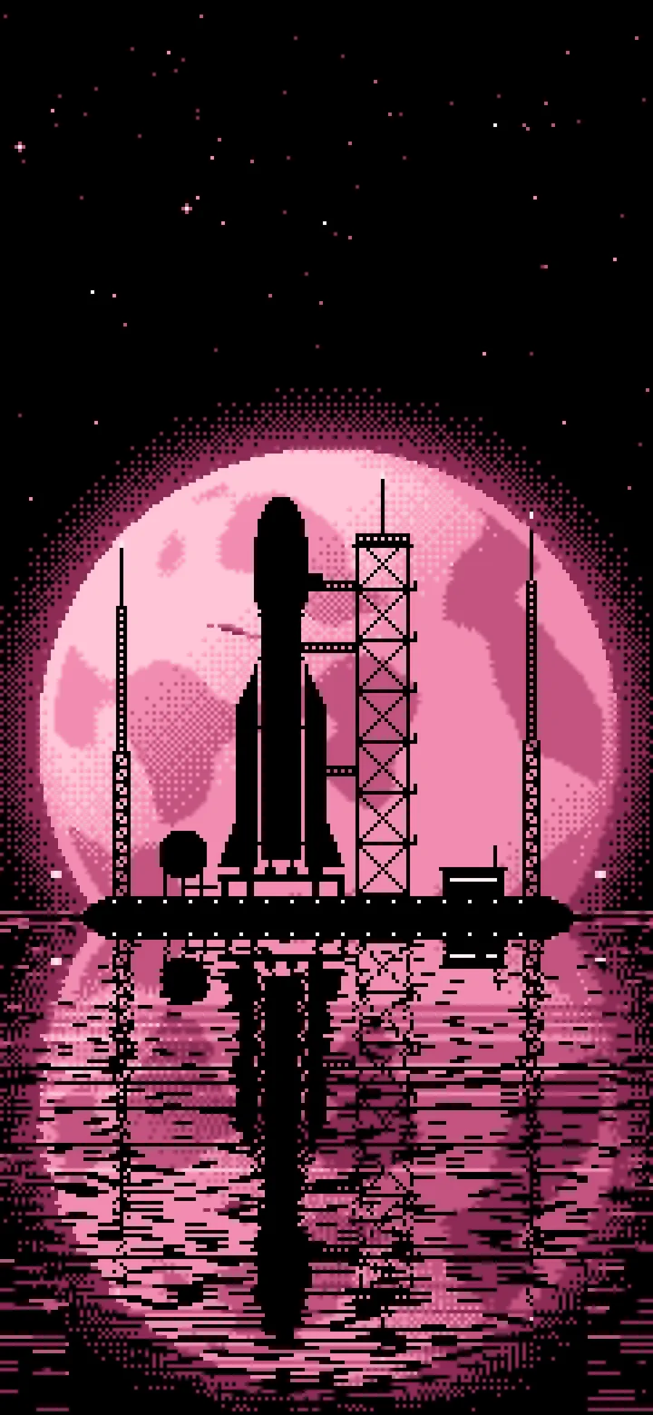 Pink Pixel Art Rocket and Full Moon wallpaper for iPhone and Android