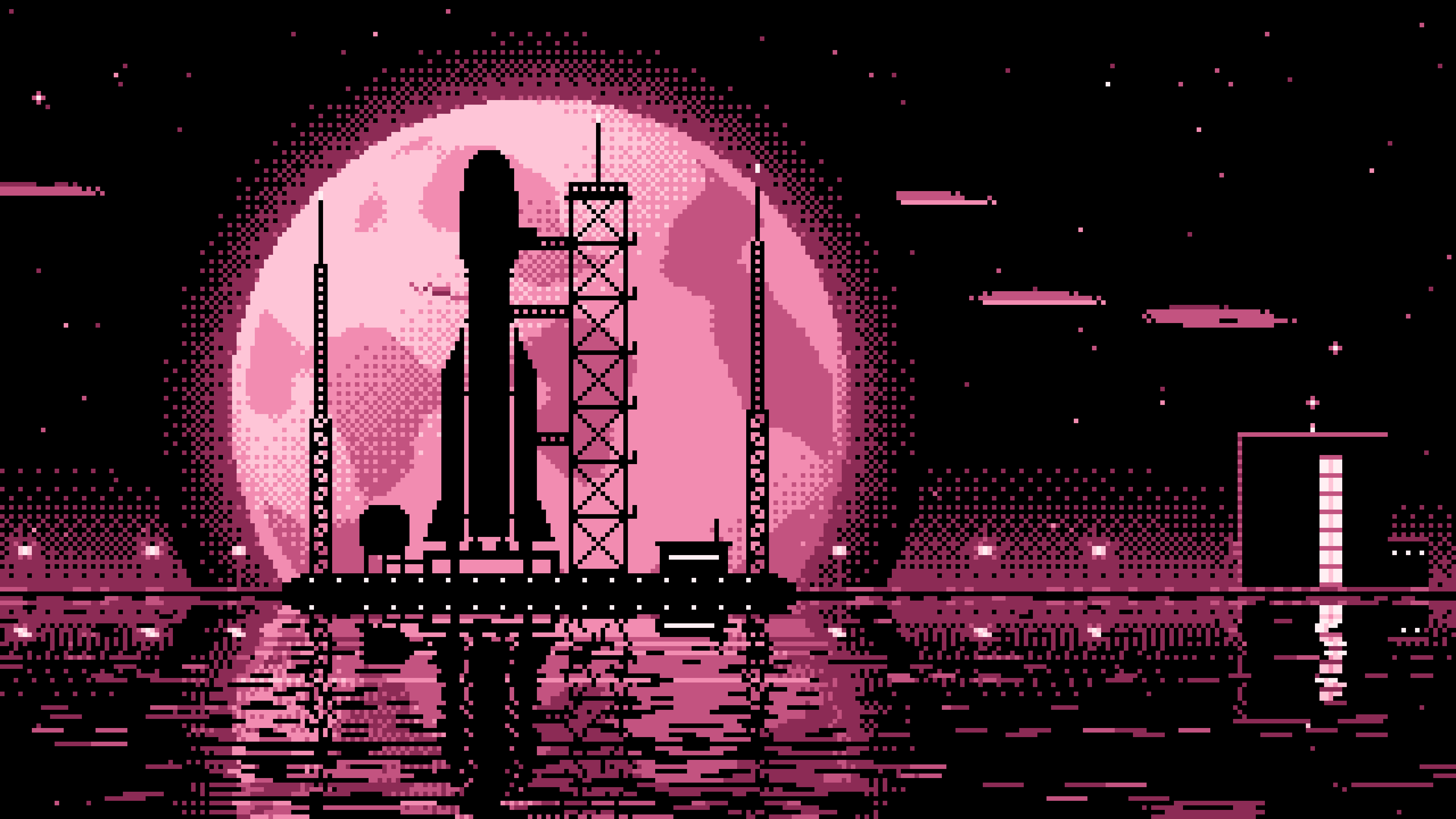 Pink Pixel Art Rocket and Full Moon desktop wallpaper in 4K