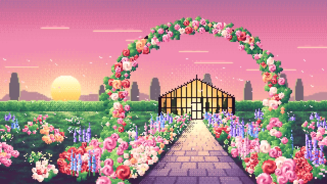 Pink Pixel Art Rose Garden at Sunset desktop wallpaper in 4K