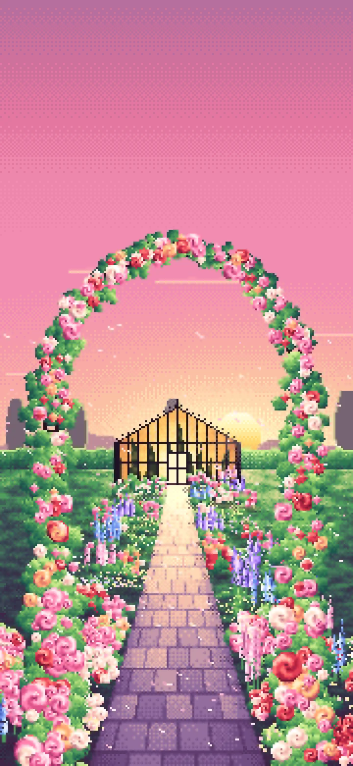Pink Pixel Art Rose Garden at Sunset wallpaper for iPhone and Android