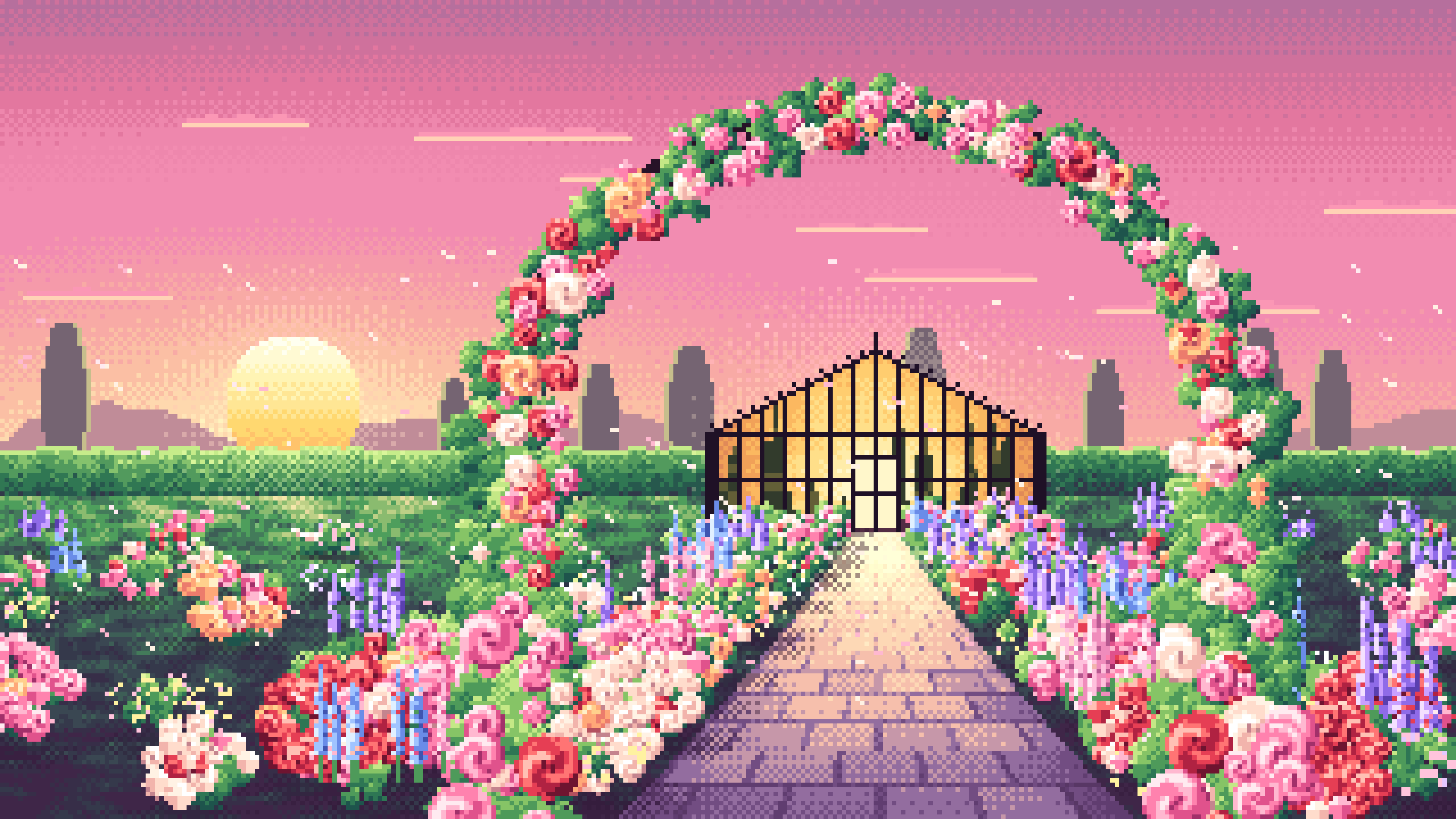 Pink Pixel Art Rose Garden at Sunset desktop wallpaper in 4K