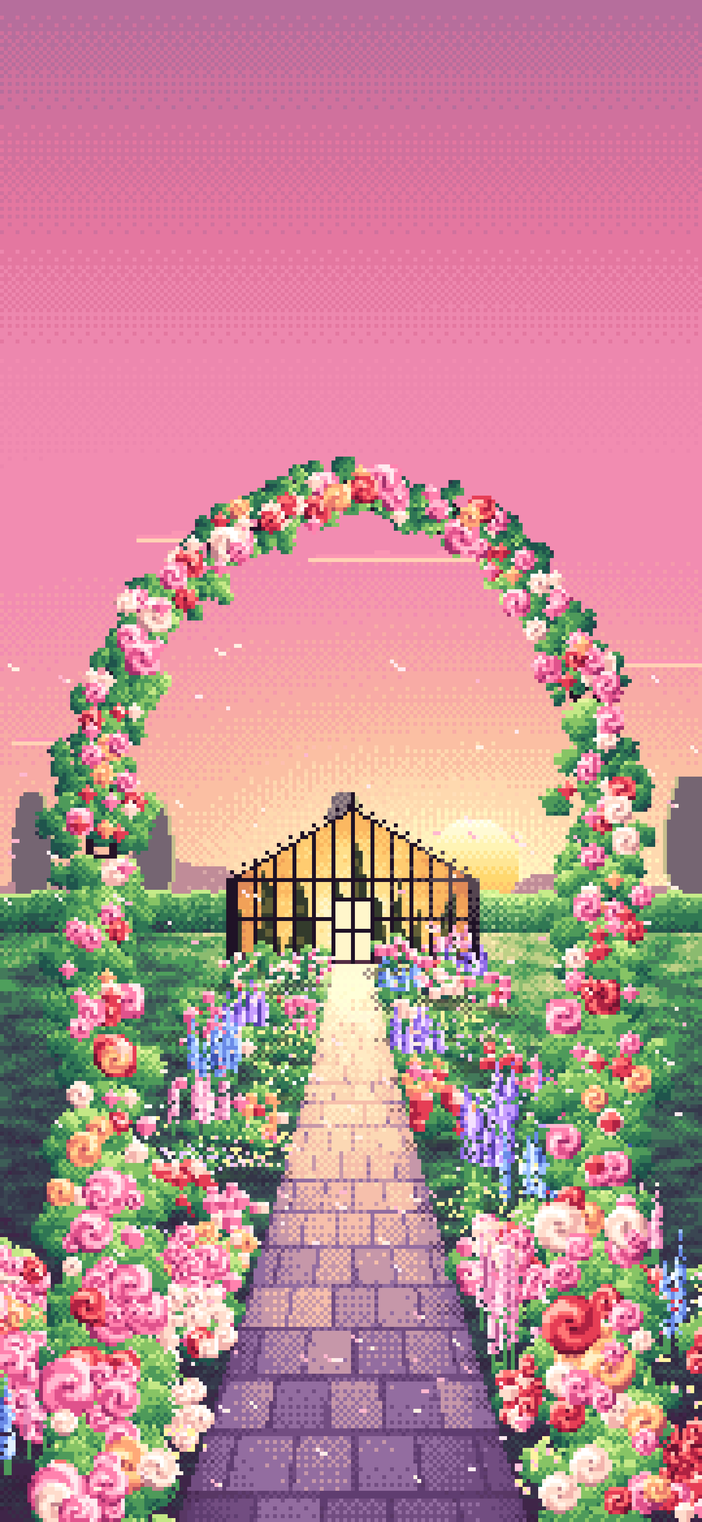 Pink Pixel Art Rose Garden at Sunset wallpaper for iPhone and Android