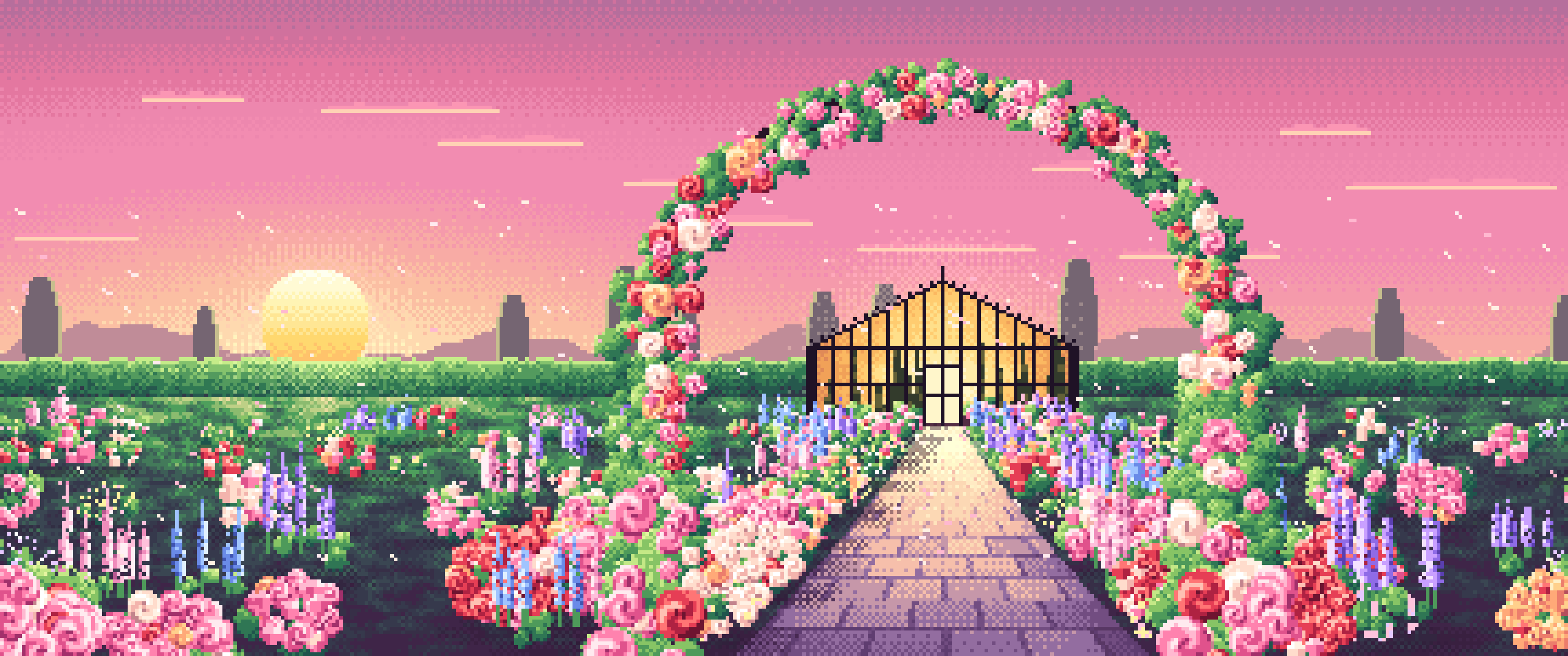 Pink Pixel Art Rose Garden at Sunset ultrawide wallpaper, 3440 × 1440