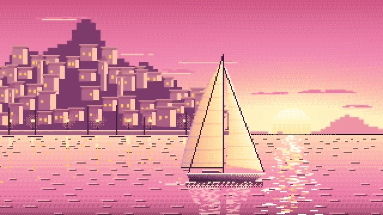 Pink Pixel Art Sailboat at Sunset by a Harbor Town desktop wallpaper in 4K