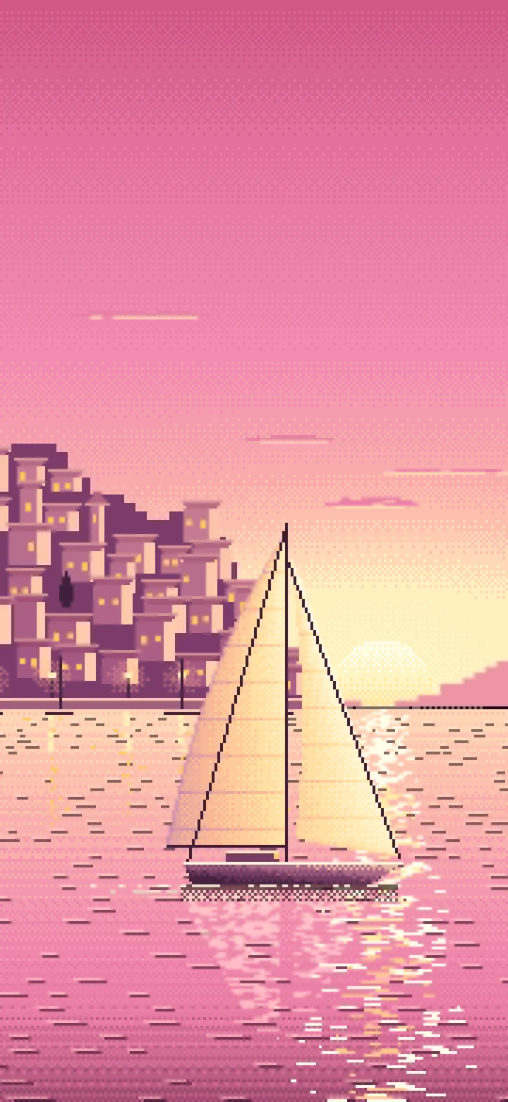 Pink Pixel Art Sailboat at Sunset by a Harbor Town wallpaper for iPhone and Android