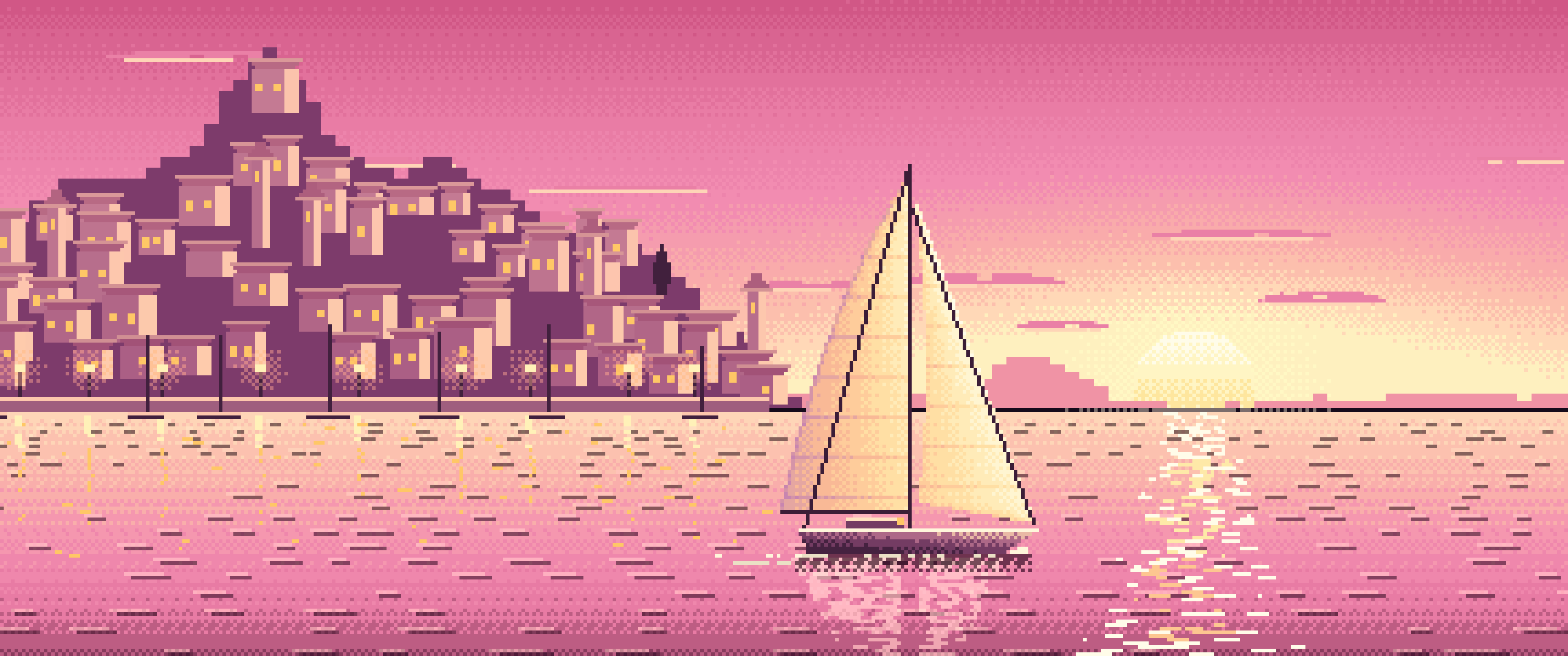 Pink Pixel Art Sailboat at Sunset by a Harbor Town ultrawide wallpaper, 3440 × 1440
