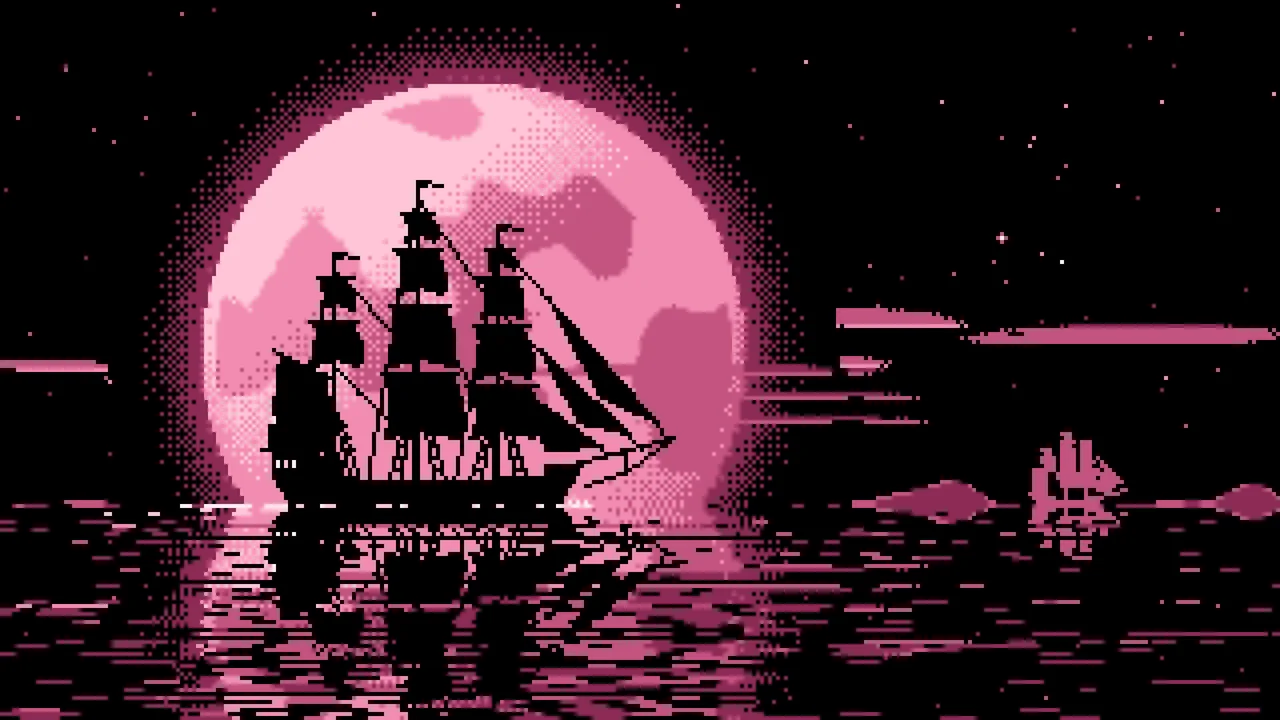 Pink Pixel Art Sailing Ship and Full Moon desktop wallpaper in 4K