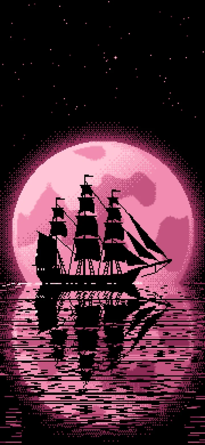 Pink Pixel Art Sailing Ship and Full Moon wallpaper for iPhone and Android