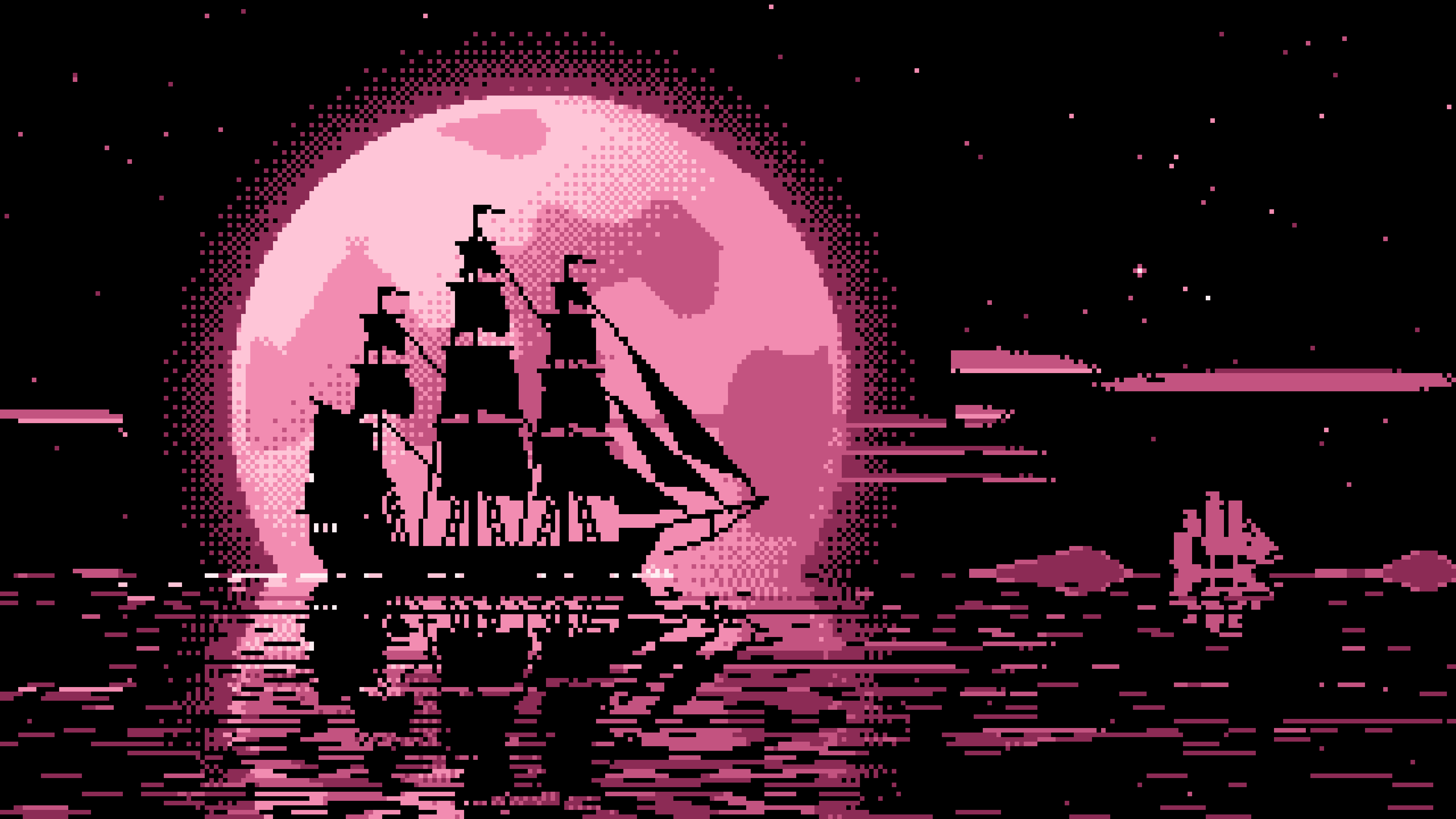 Pink Pixel Art Sailing Ship and Full Moon desktop wallpaper in 4K