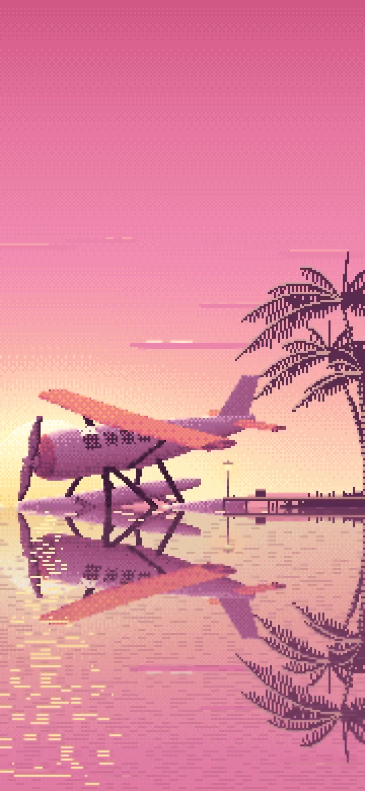 Pink Pixel Art Seaplane at a Tropical Dock wallpaper for iPhone and Android