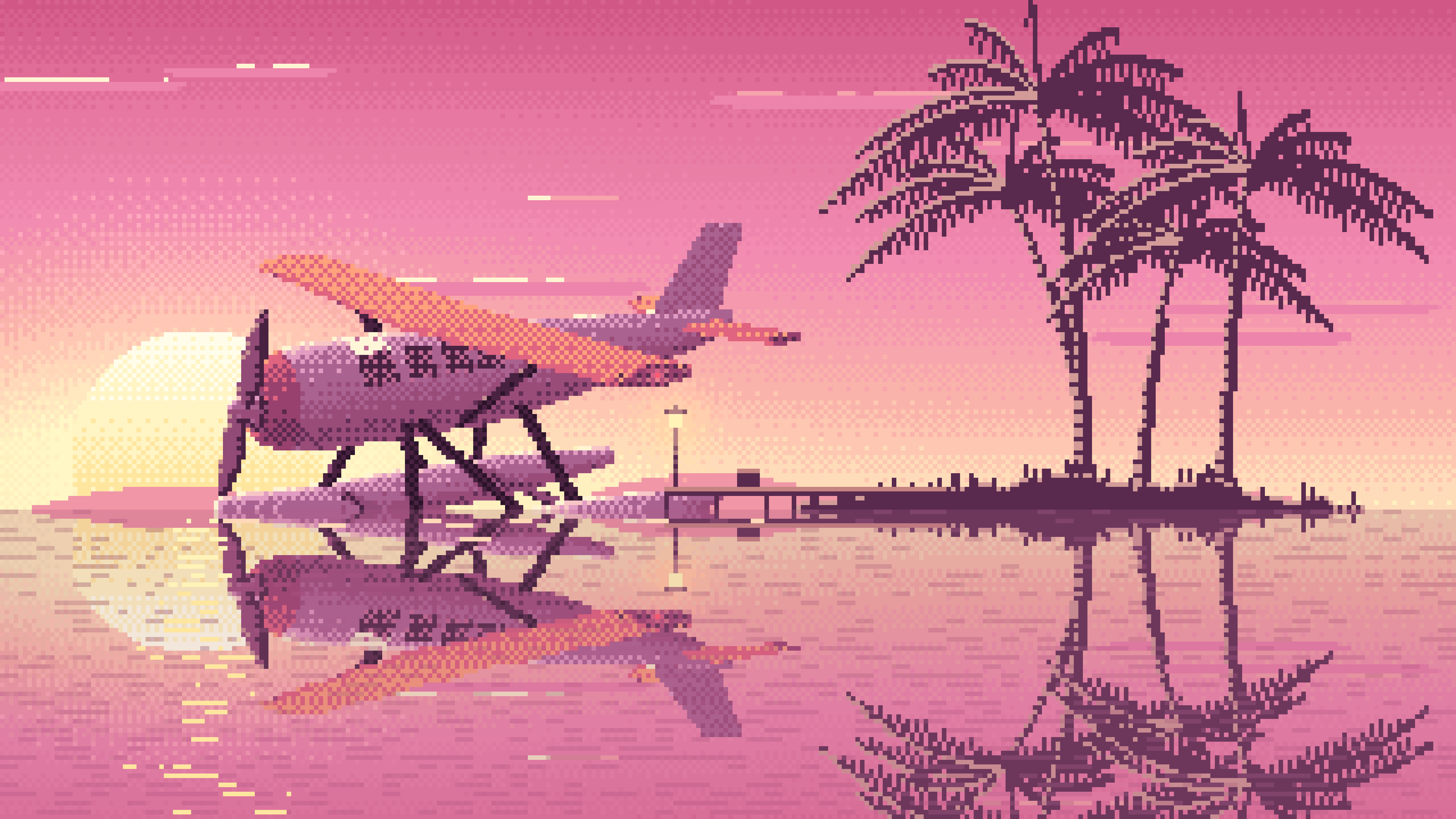 Pink Pixel Art Seaplane at a Tropical Dock desktop wallpaper in 4K