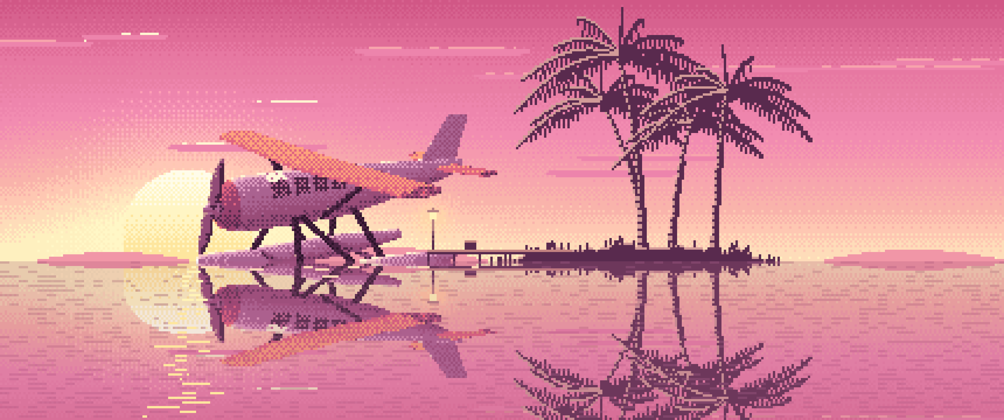 Pink Pixel Art Seaplane at a Tropical Dock ultrawide wallpaper, 3440 × 1440