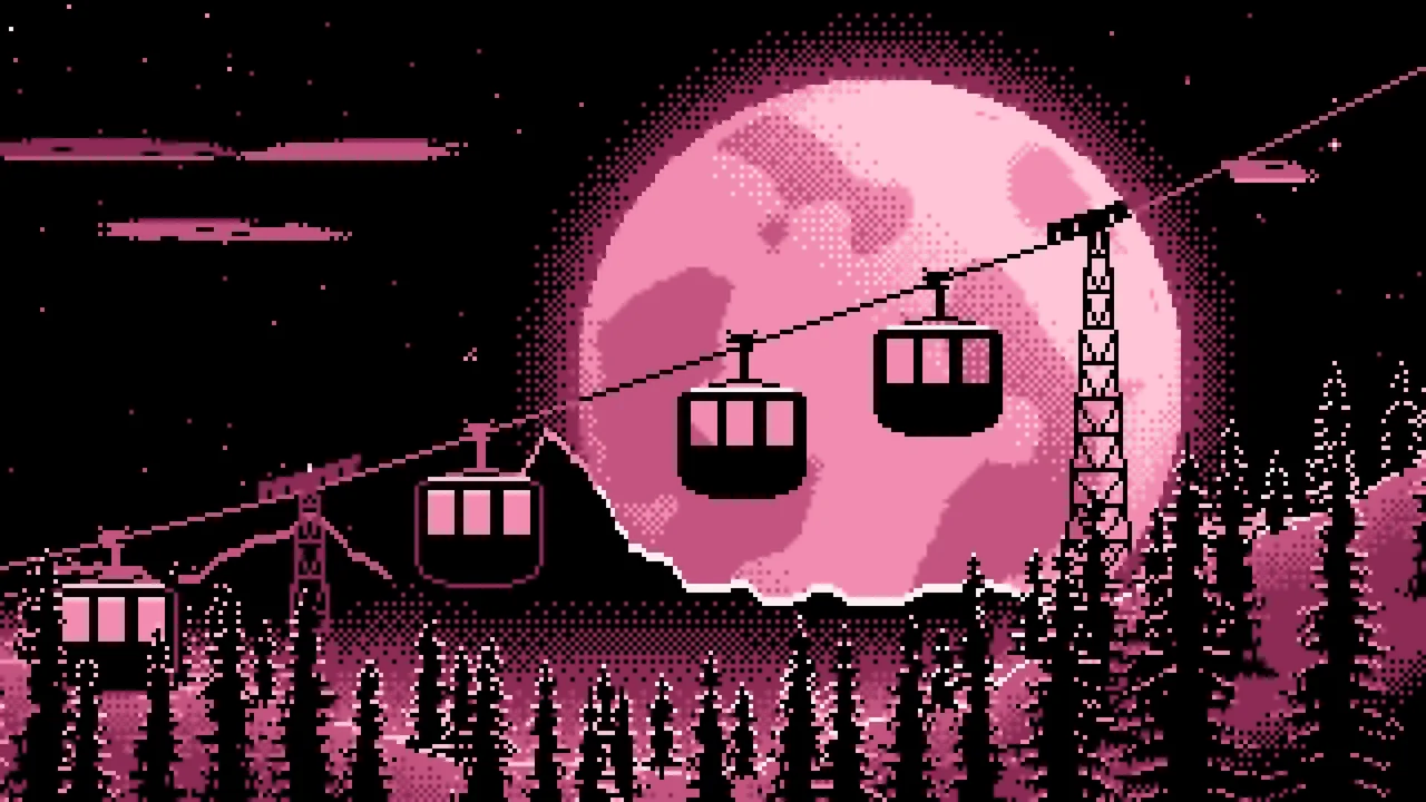 Pink Pixel Art Ski Gondola and Full Moon desktop wallpaper in 4K
