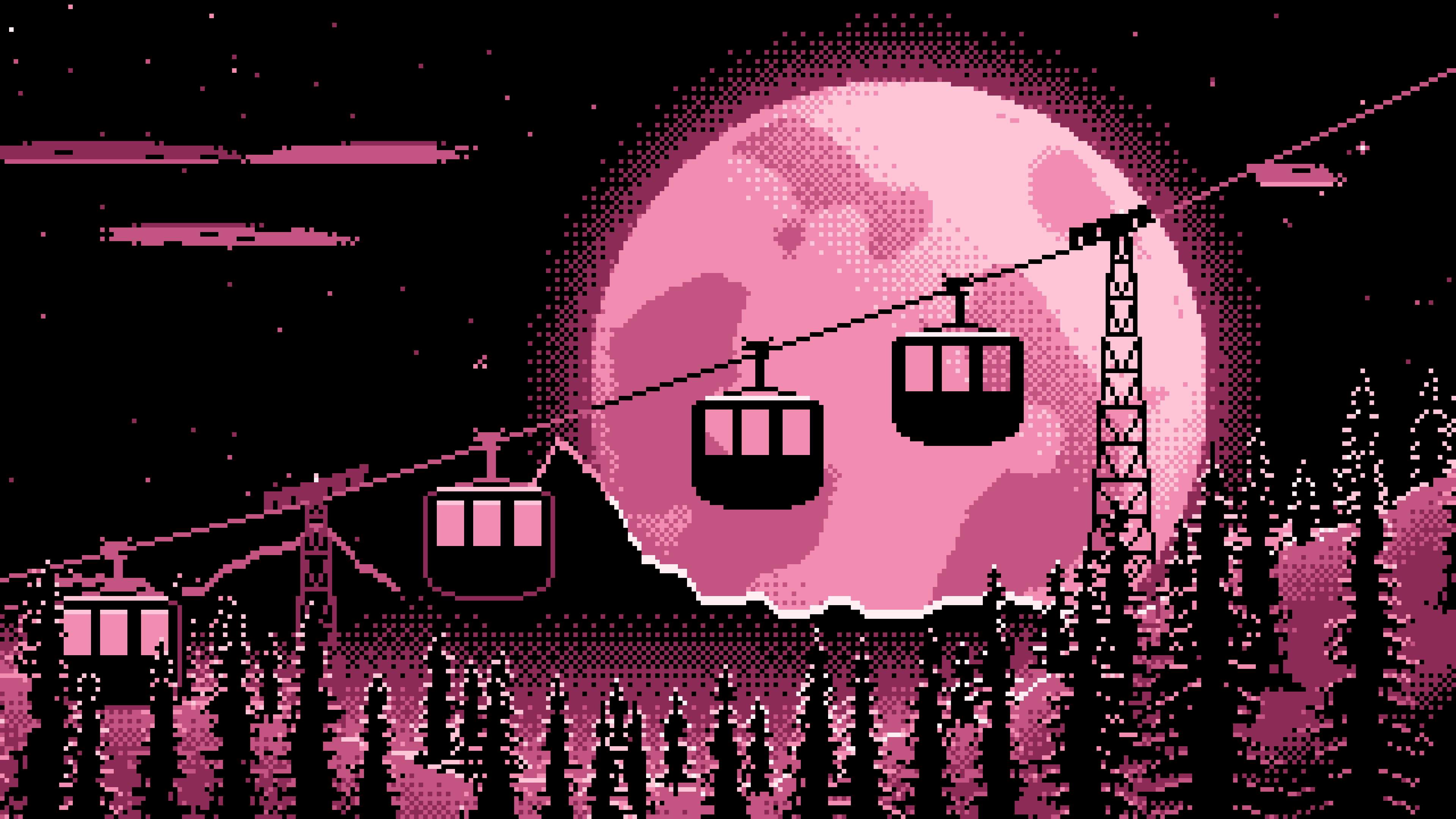 Pink Pixel Art Ski Gondola and Full Moon desktop wallpaper in 4K