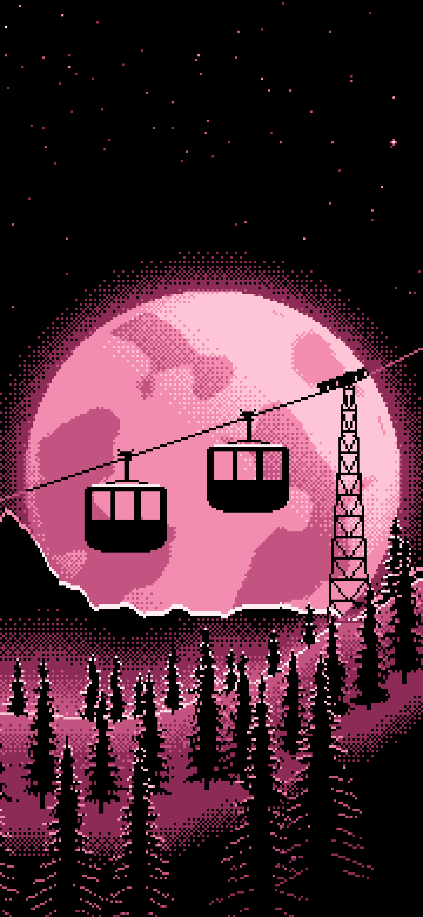 Pink Pixel Art Ski Gondola and Full Moon wallpaper for iPhone and Android