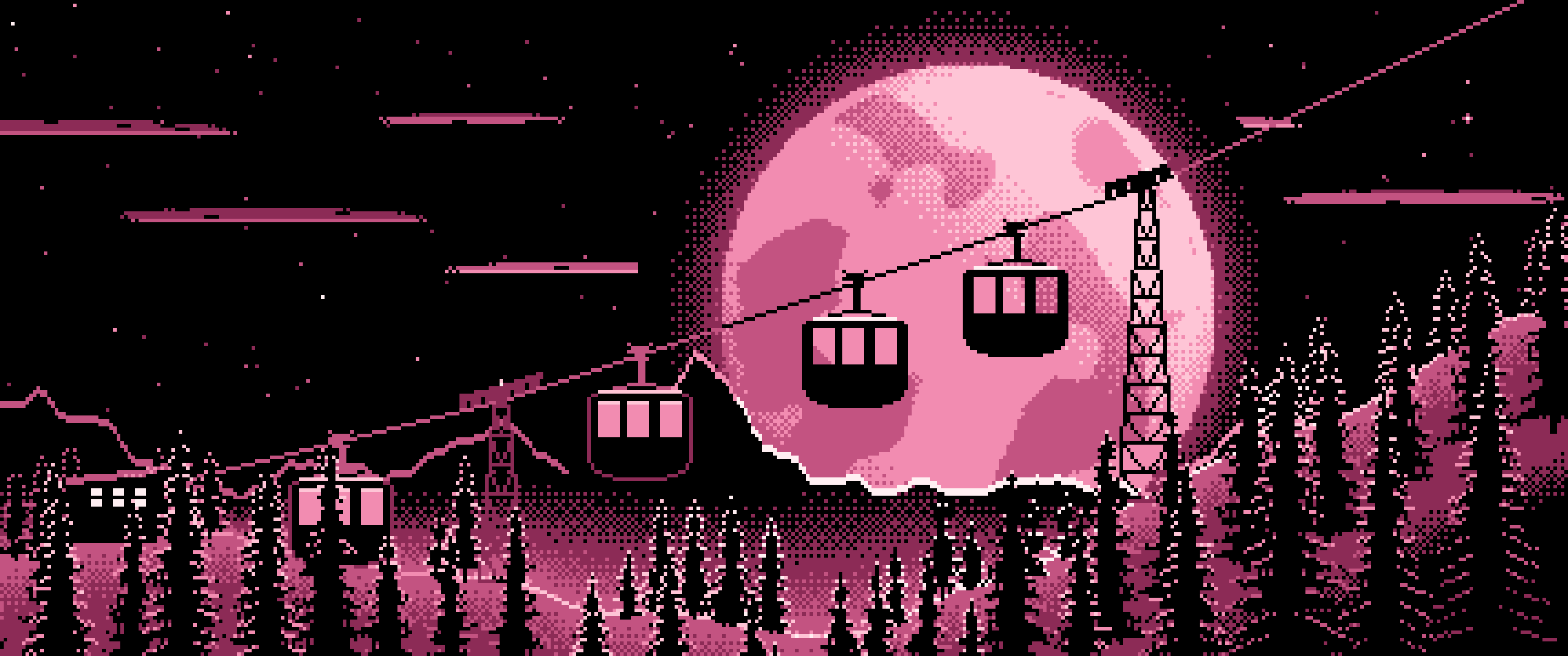Pink Pixel Art Ski Gondola and Full Moon ultrawide wallpaper, 3440 × 1440