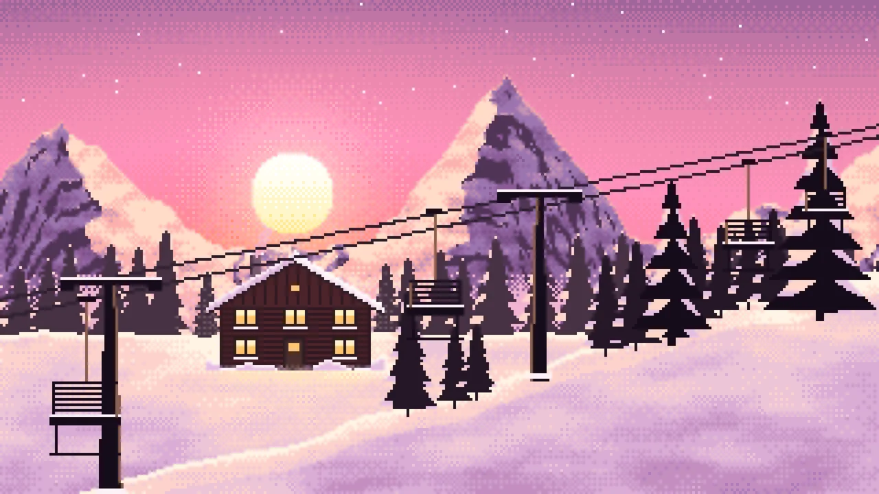 Pink Pixel Art Ski Lift at Sunset desktop wallpaper in 4K