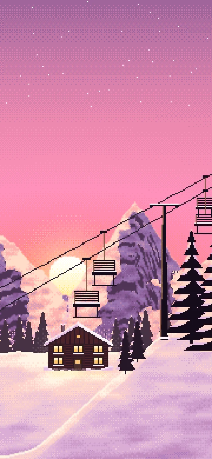 Pink Pixel Art Ski Lift at Sunset wallpaper for iPhone and Android