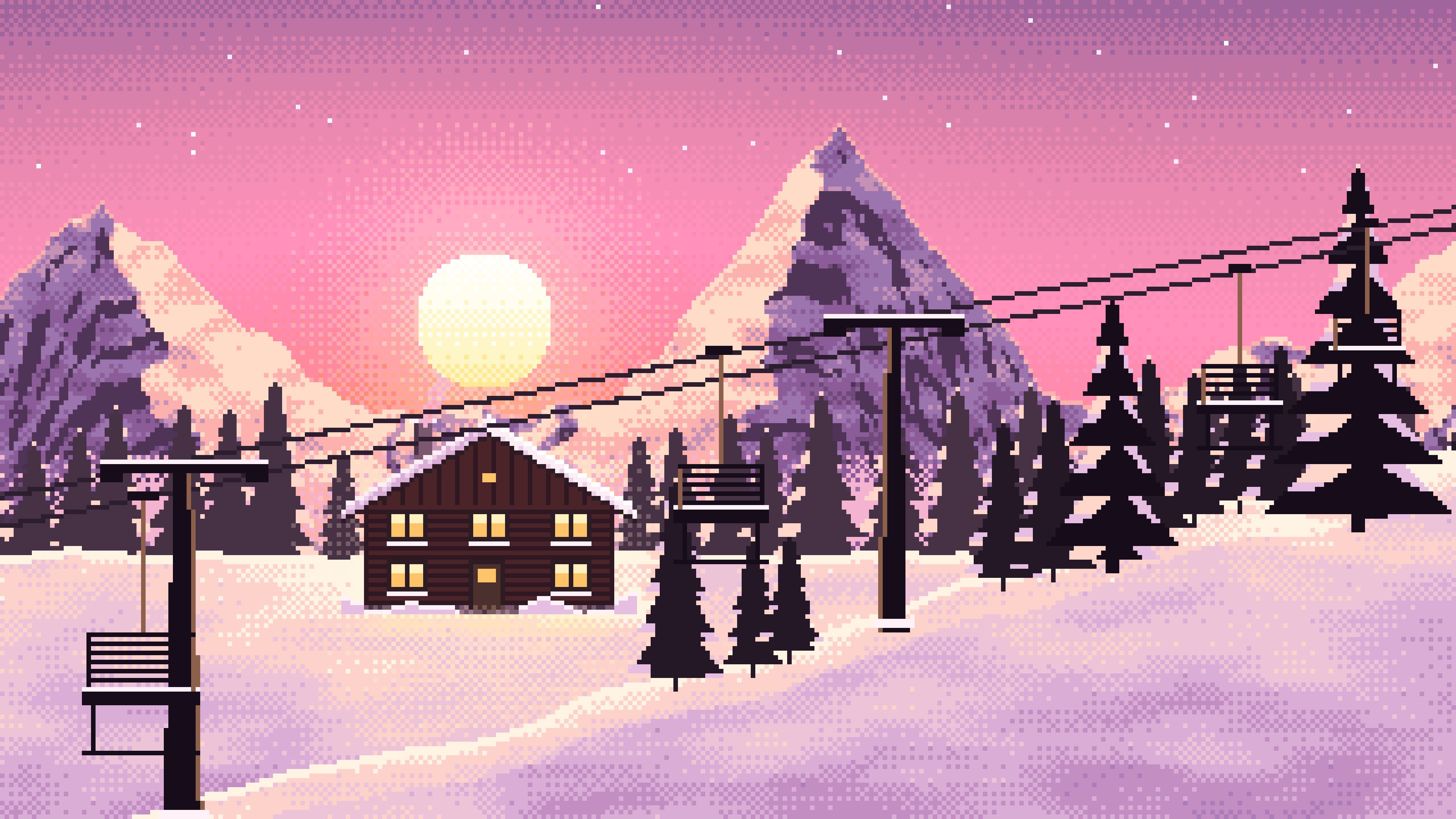 Pink Pixel Art Ski Lift at Sunset desktop wallpaper in 4K