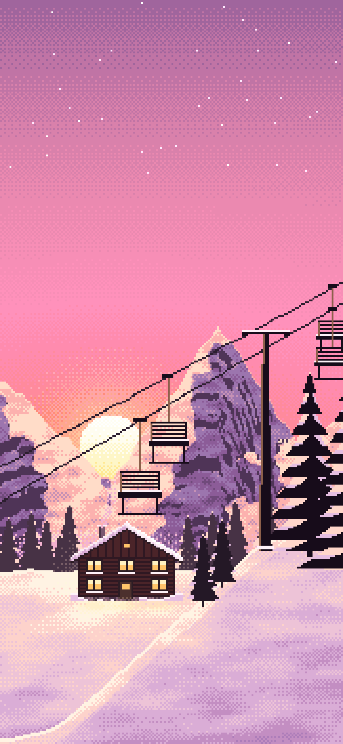 Pink Pixel Art Ski Lift at Sunset wallpaper for iPhone and Android
