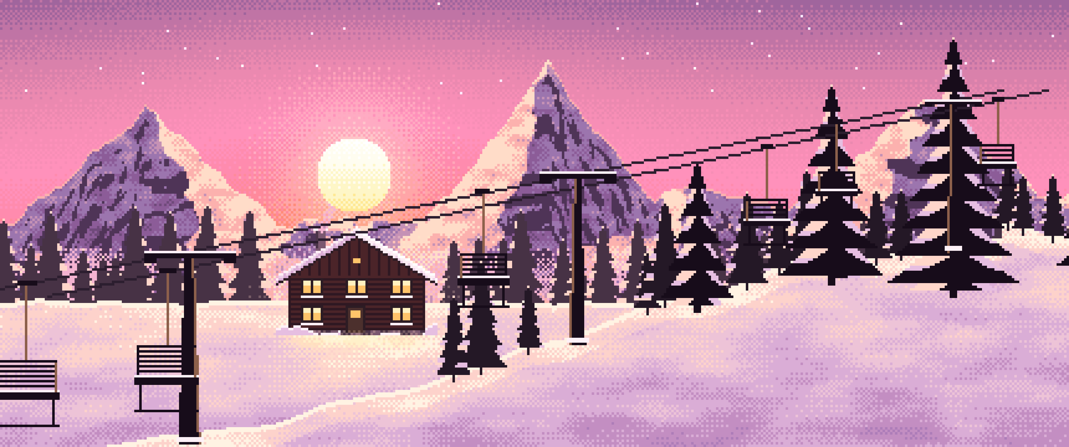 Pink Pixel Art Ski Lift at Sunset ultrawide wallpaper, 3440 × 1440