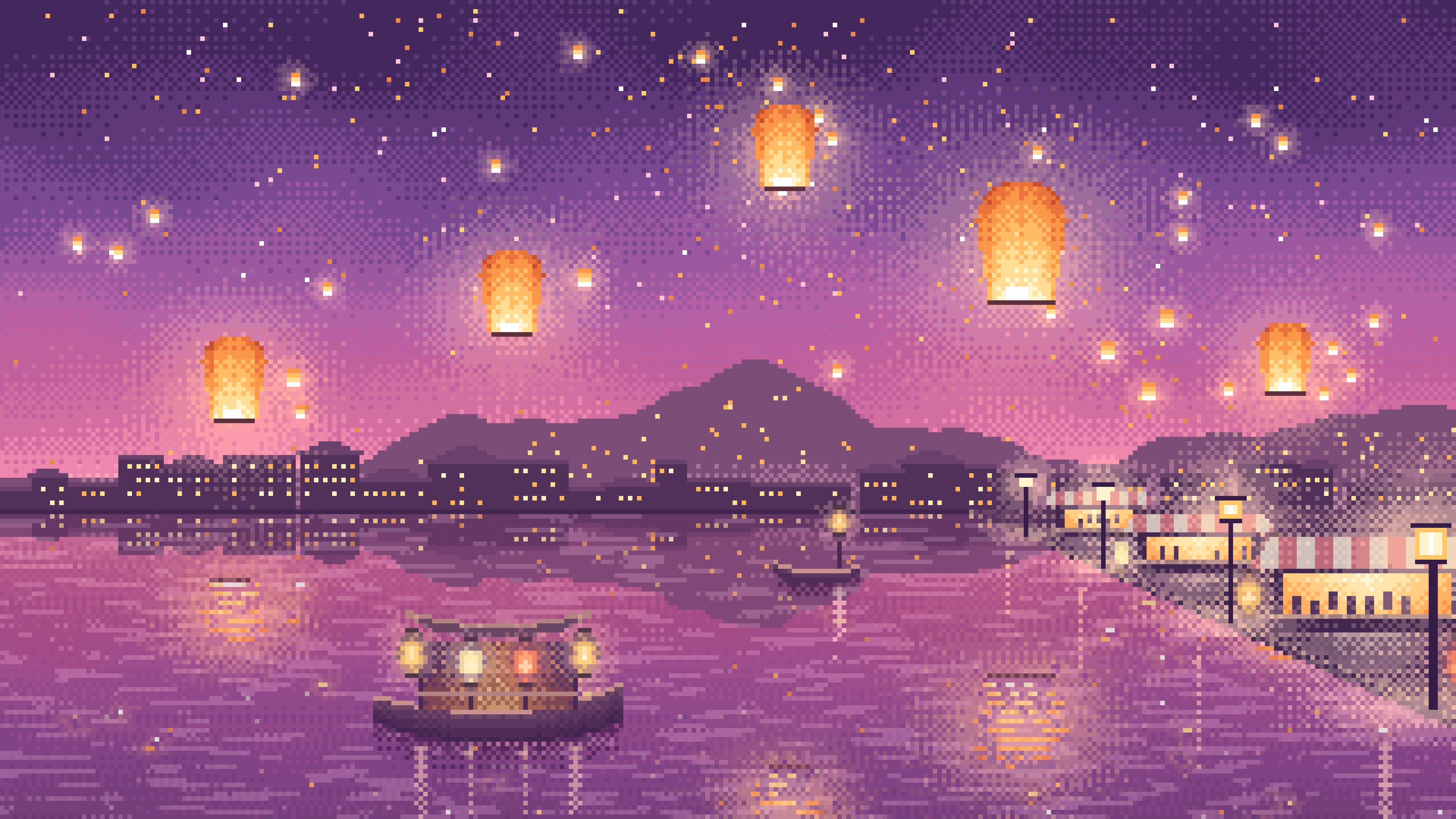 Pink Pixel Art Sky Lanterns Over a River desktop wallpaper in 4K