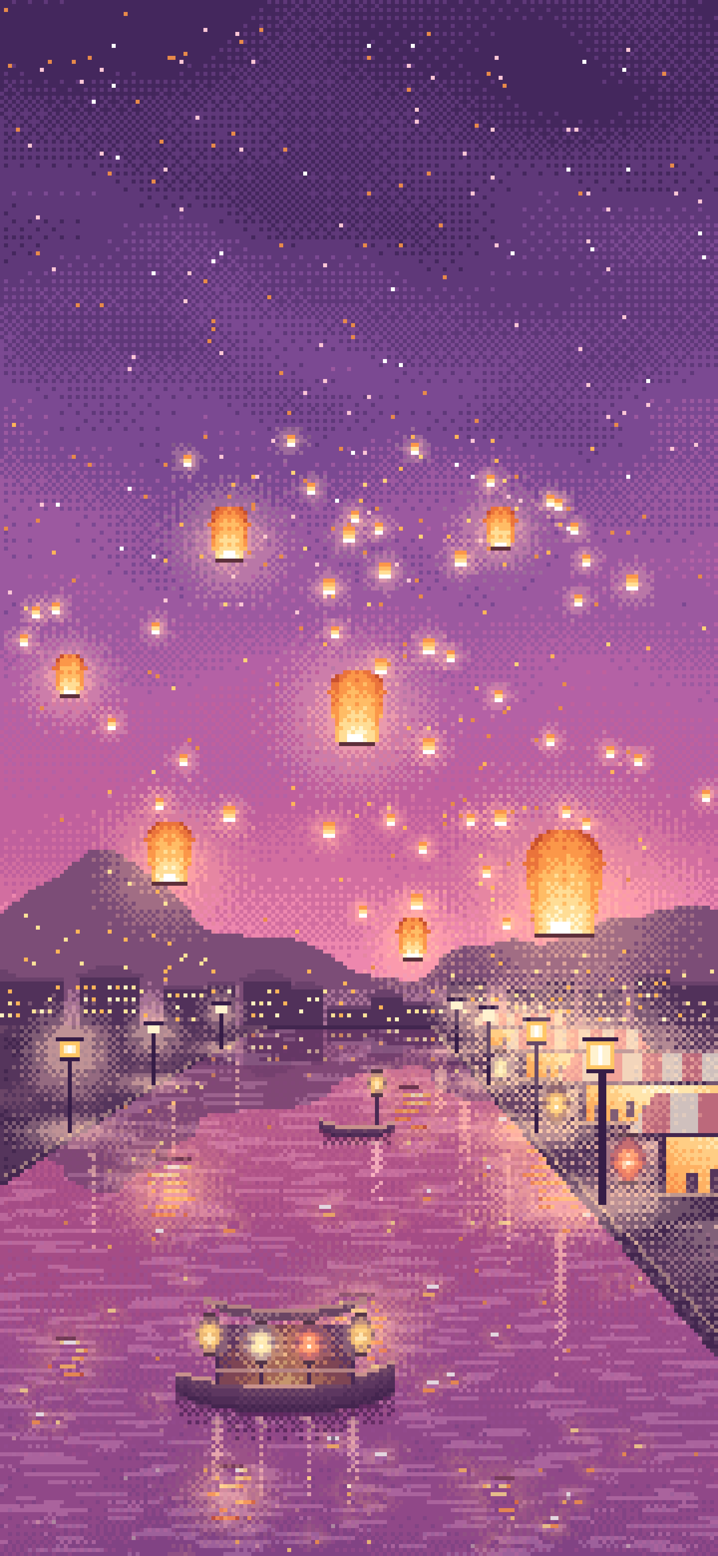 Pink Pixel Art Sky Lanterns Over a River wallpaper for iPhone and Android