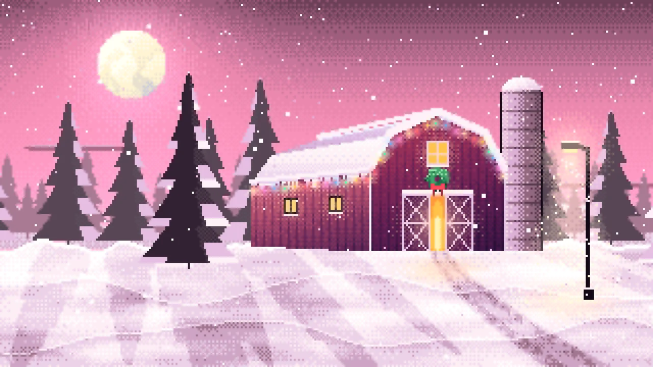 Pink Pixel Art Snowy Barn with Christmas Lights desktop wallpaper in 4K