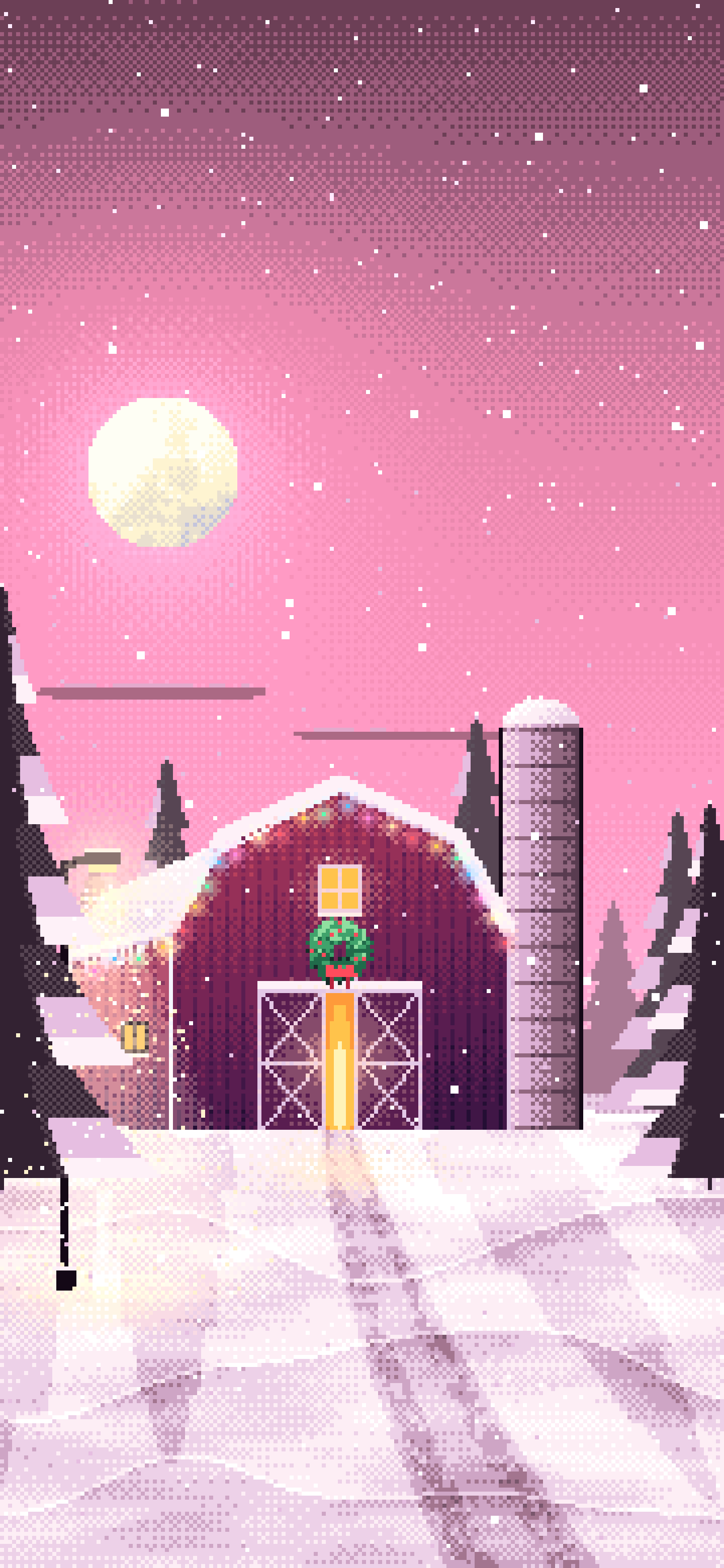 Pink Pixel Art Snowy Barn with Christmas Lights wallpaper for iPhone and Android