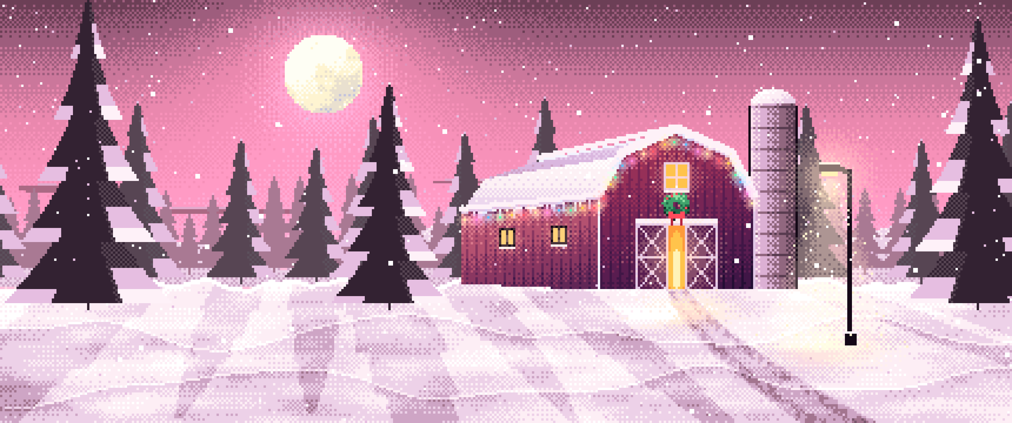 Pink Pixel Art Snowy Barn with Christmas Lights ultrawide wallpaper, 3440 × 1440