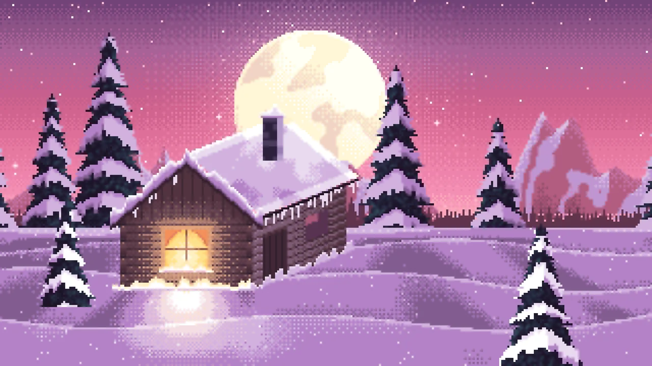 Pink Pixel Art Snowy Cabin and Full Moon desktop wallpaper in 4K