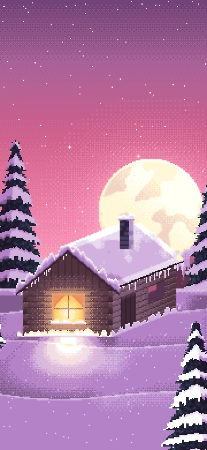 Pink Pixel Art Snowy Cabin and Full Moon wallpaper for iPhone and Android