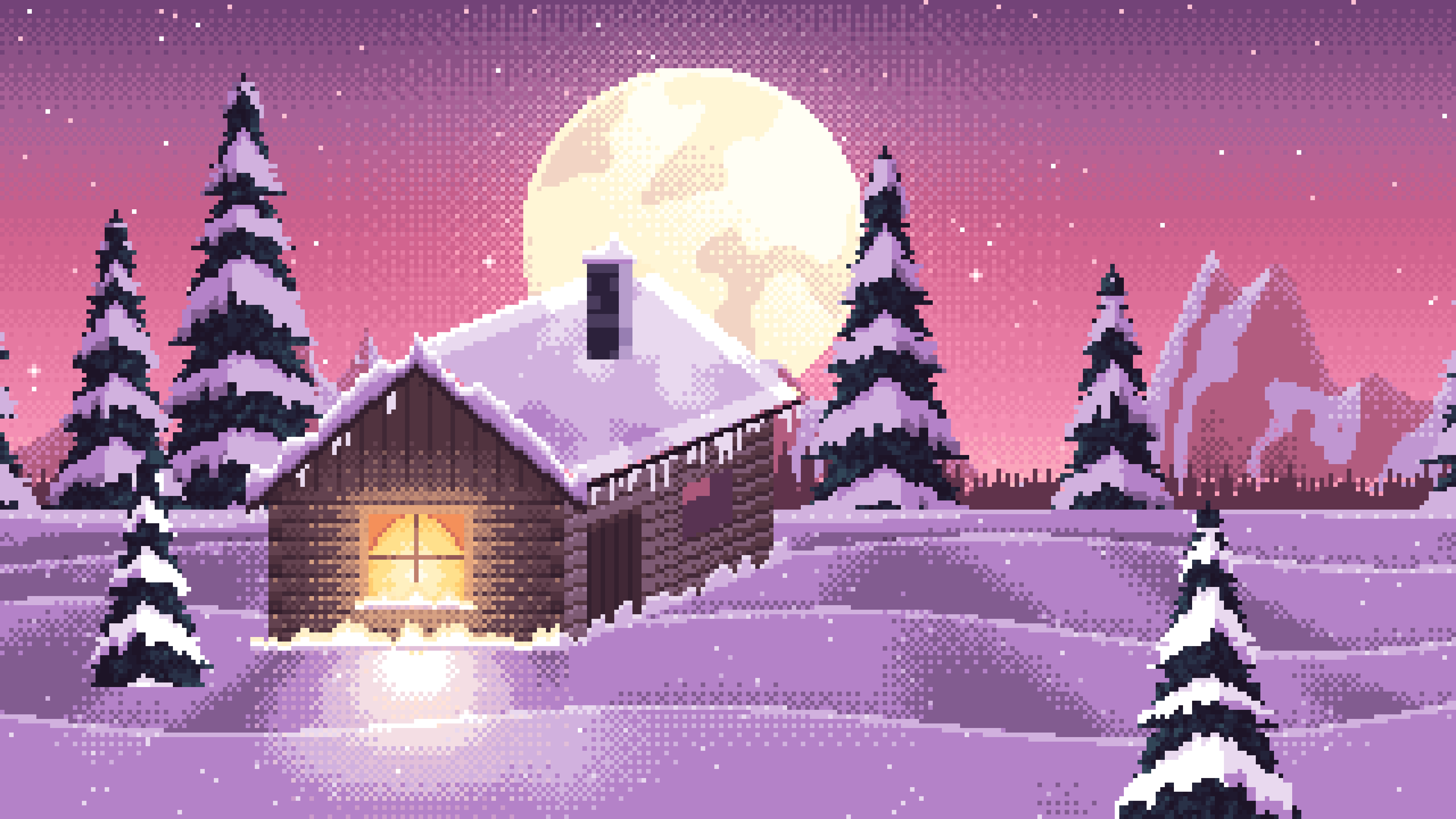 Pink Pixel Art Snowy Cabin and Full Moon desktop wallpaper in 4K