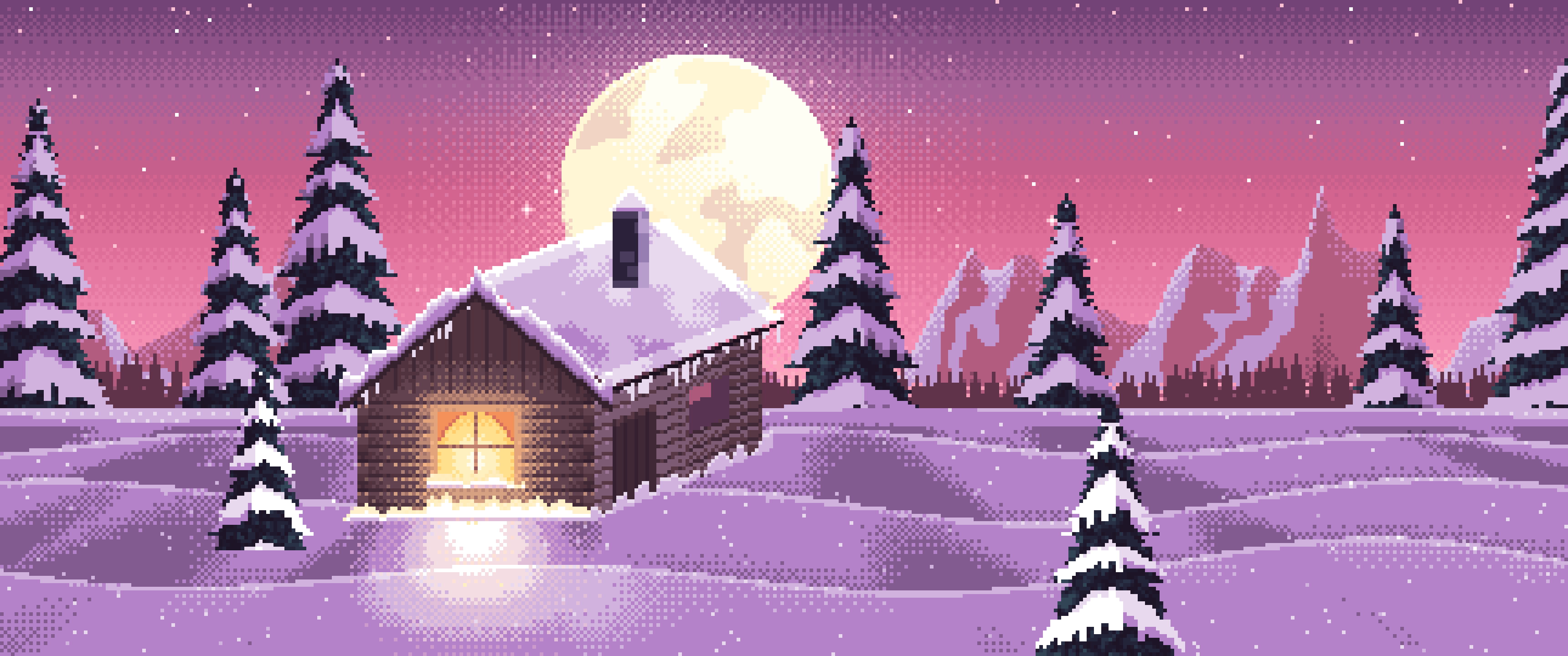 Pink Pixel Art Snowy Cabin and Full Moon ultrawide wallpaper, 3440 × 1440