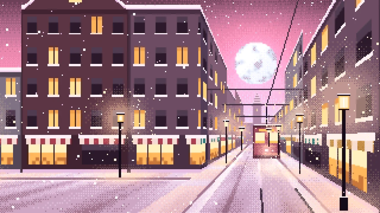 Pink Pixel Art Snowy City Street desktop wallpaper in 4K