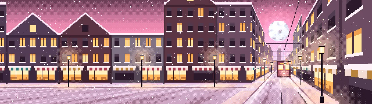 Pink Pixel Art Snowy City Street dual monitor wallpaper, 7680 × 2160