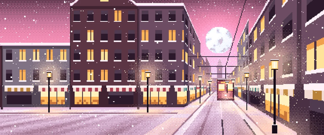 Pink Pixel Art Snowy City Street ultrawide wallpaper, 3440 × 1440