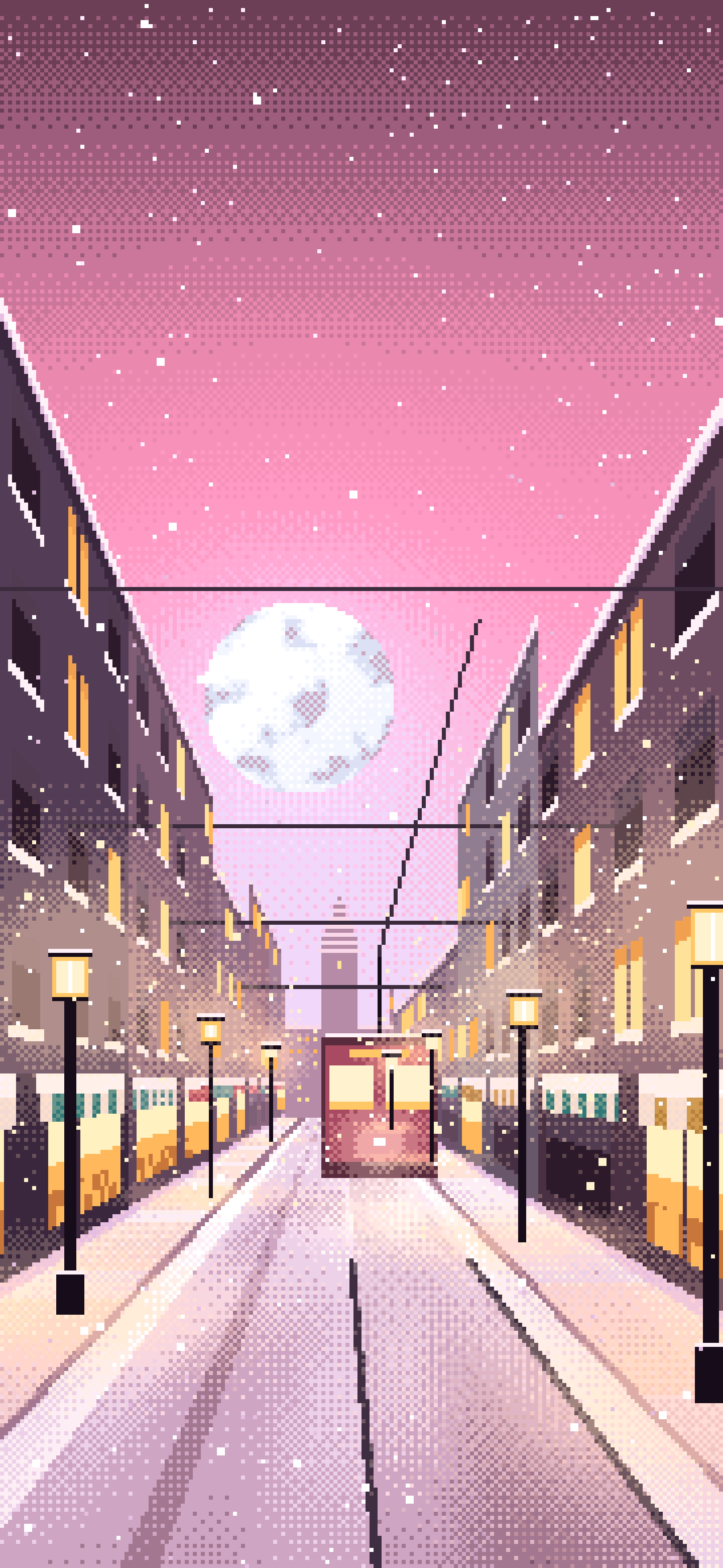 Pink Pixel Art Snowy City Street wallpaper for iPhone and Android