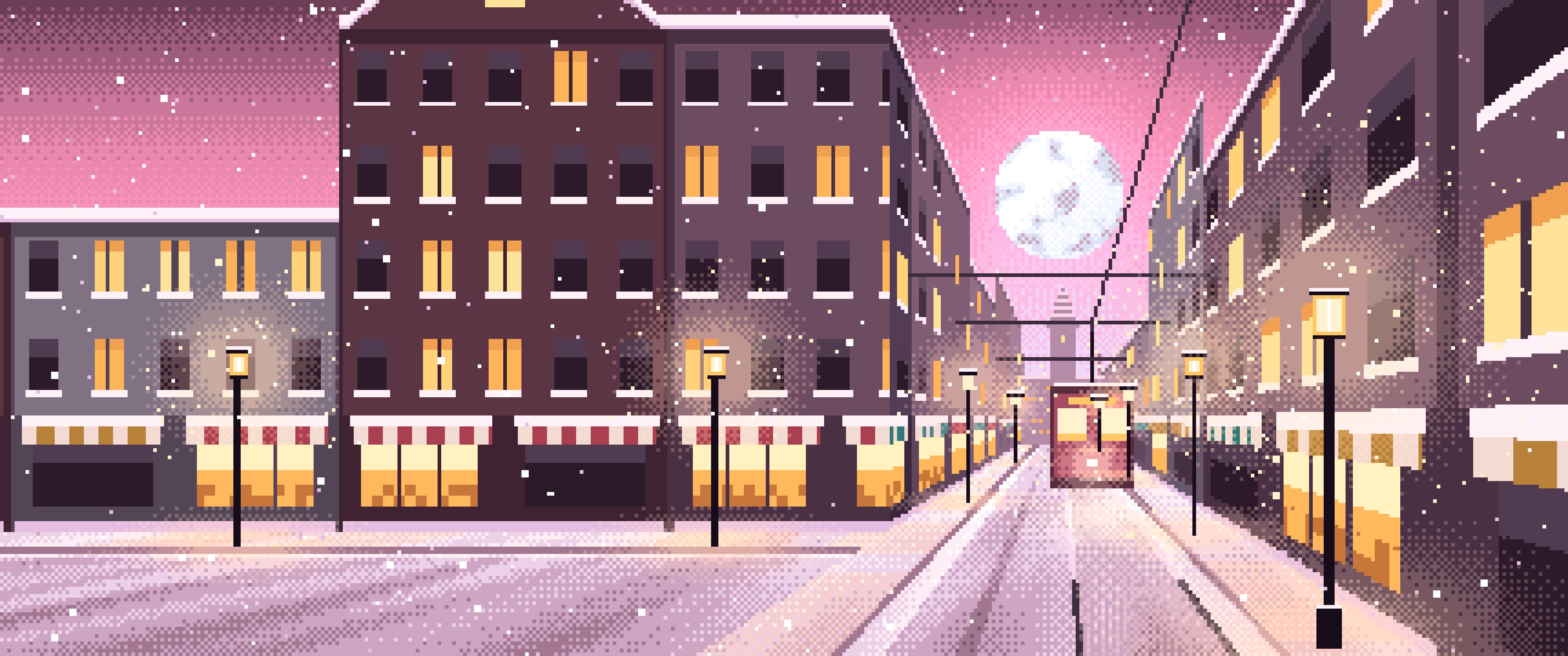 Pink Pixel Art Snowy City Street ultrawide wallpaper, 3440 × 1440