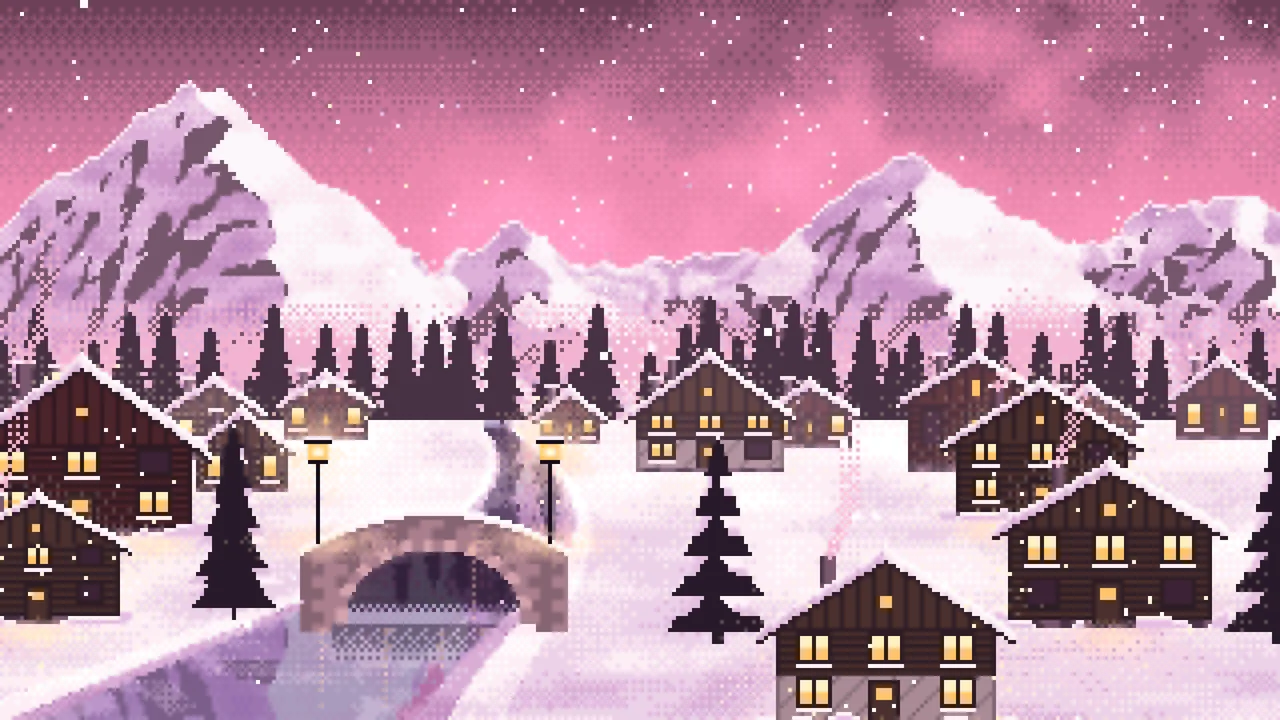 Pink Pixel Art Snowy Mountain Village at Night desktop wallpaper in 4K