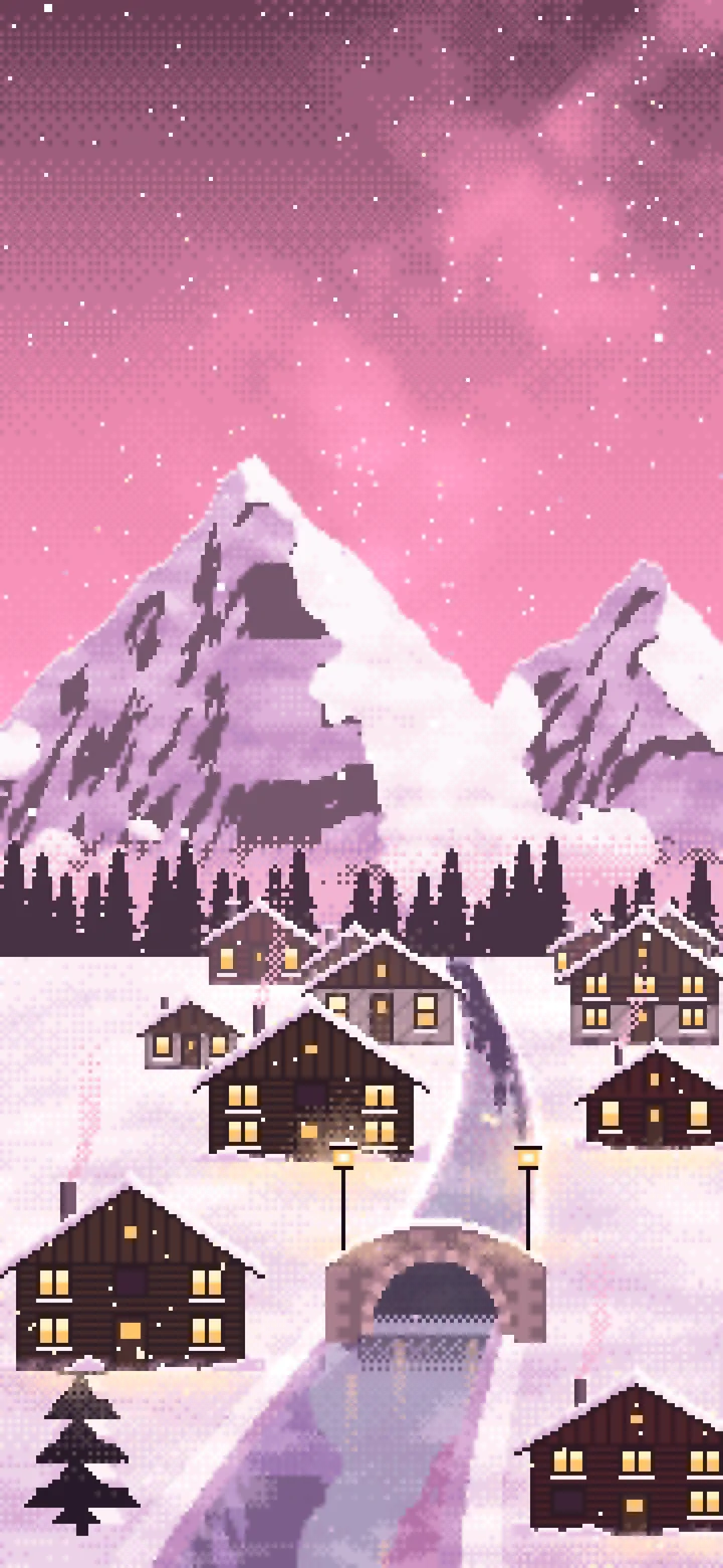 Pink Pixel Art Snowy Mountain Village at Night wallpaper for iPhone and Android