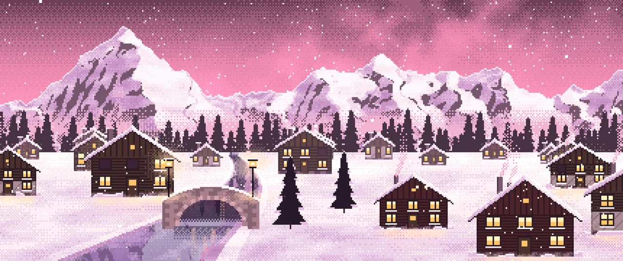 Pink Pixel Art Snowy Mountain Village at Night ultrawide wallpaper, 3440 × 1440