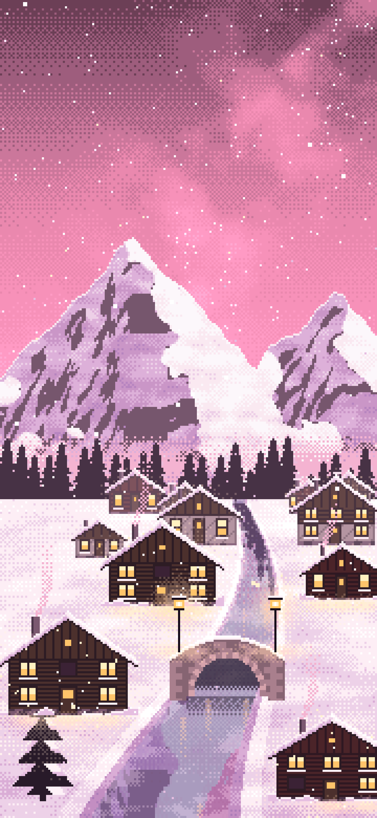 Pink Pixel Art Snowy Mountain Village at Night wallpaper for iPhone and Android
