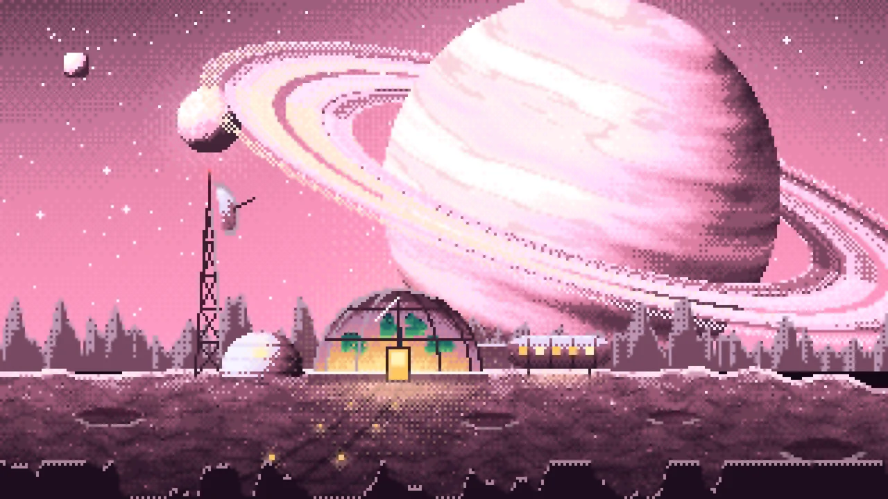 Pink Pixel Art Space Outpost Under a Ringed Planet desktop wallpaper in 4K