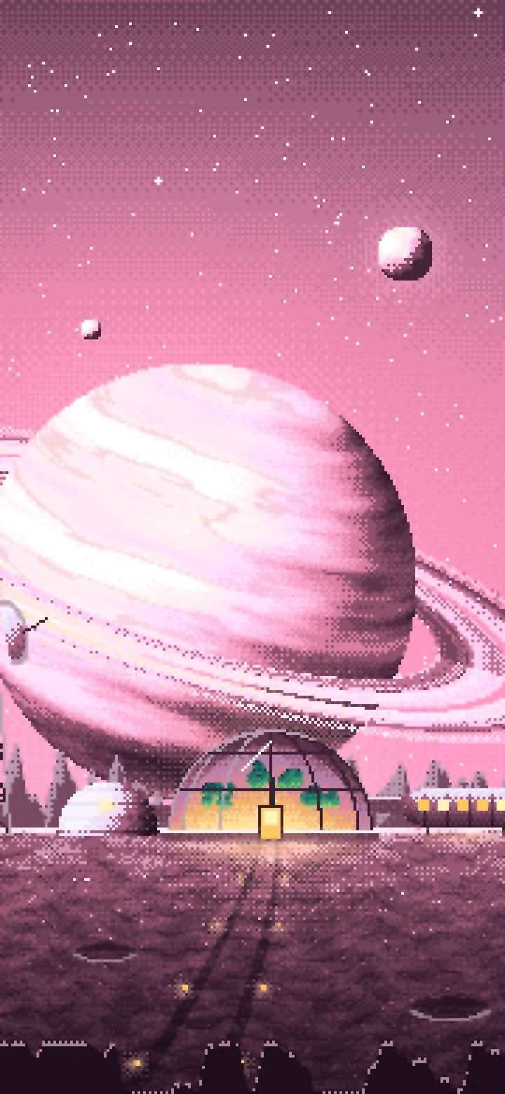 Pink Pixel Art Space Outpost Under a Ringed Planet wallpaper for iPhone and Android
