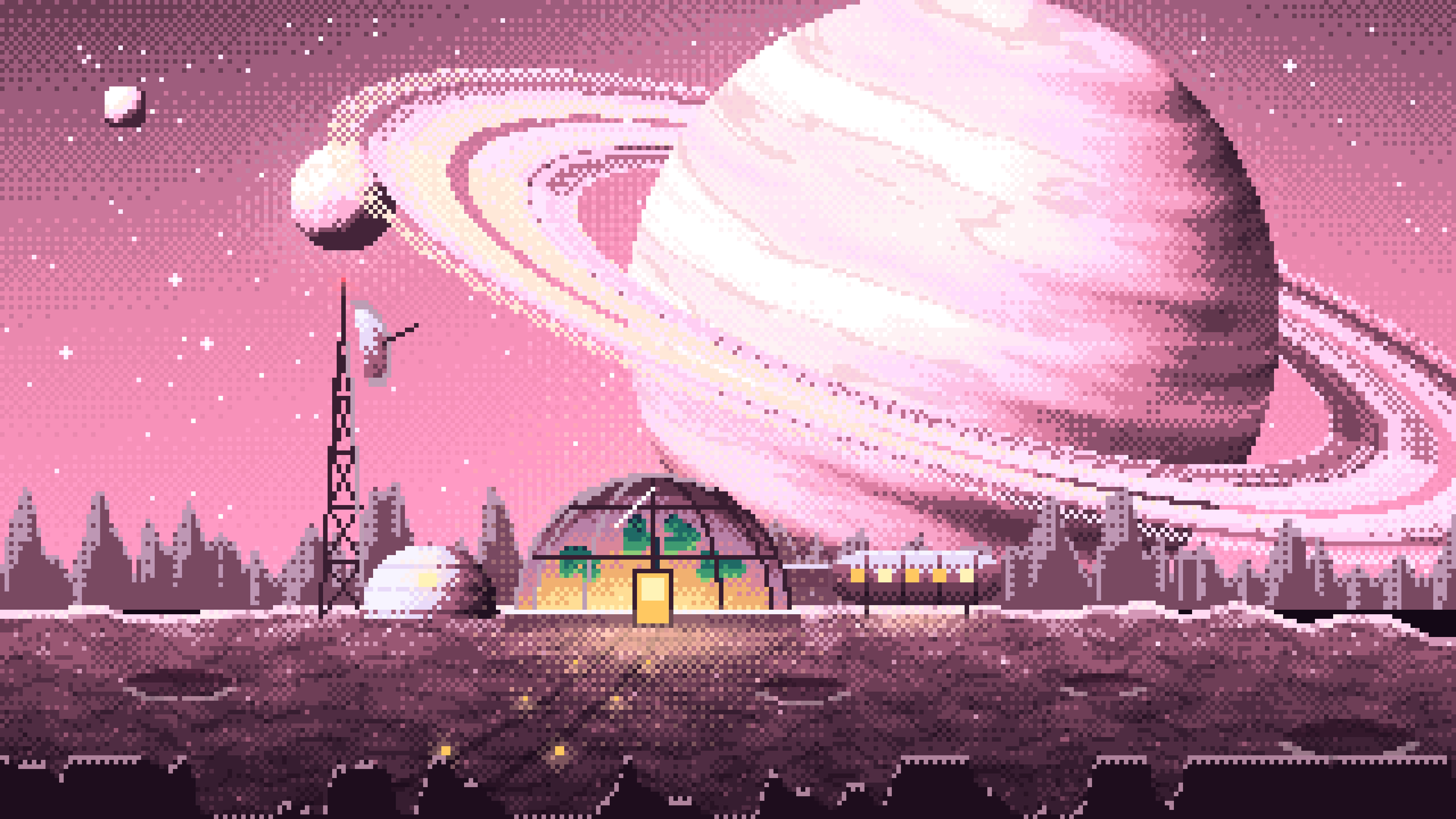 Pink Pixel Art Space Outpost Under a Ringed Planet desktop wallpaper in 4K