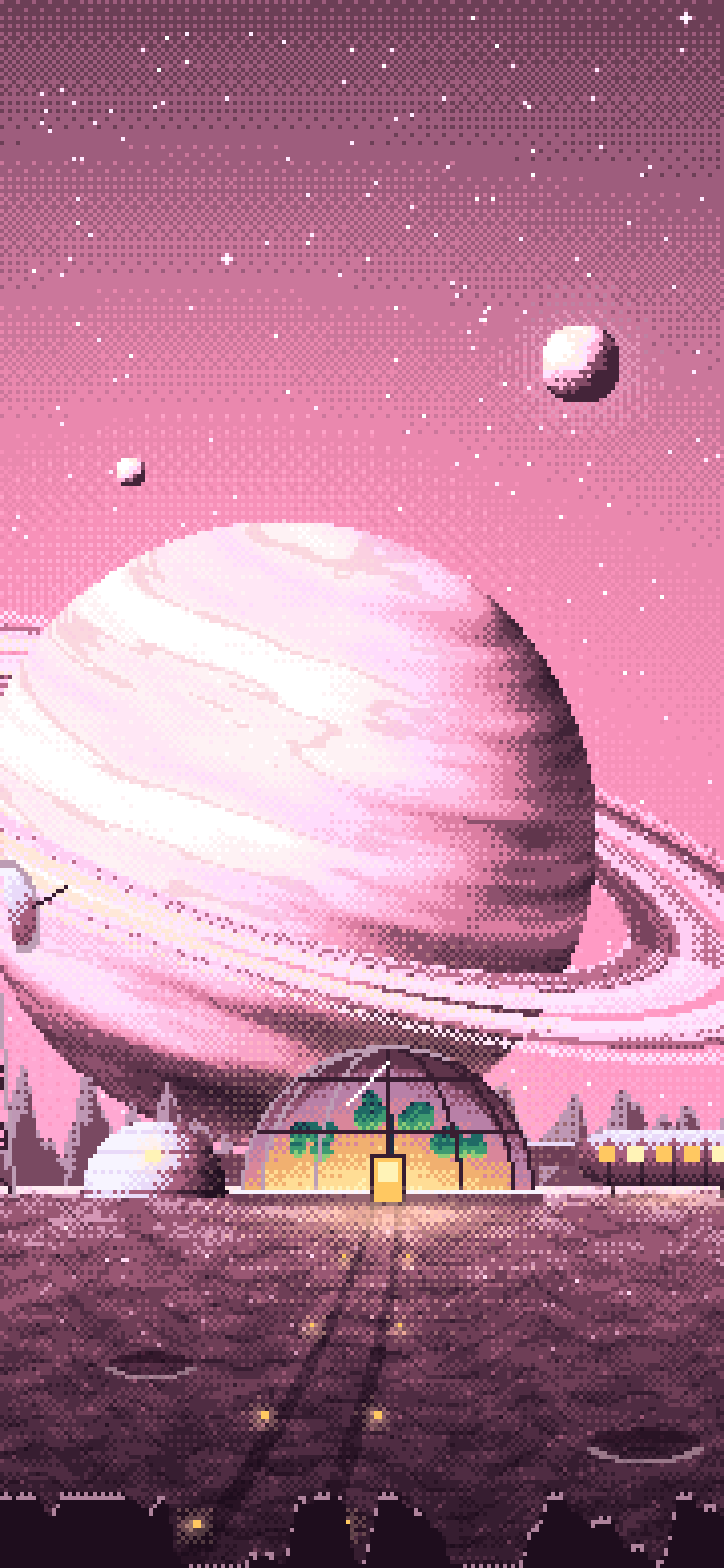 Pink Pixel Art Space Outpost Under a Ringed Planet wallpaper for iPhone and Android