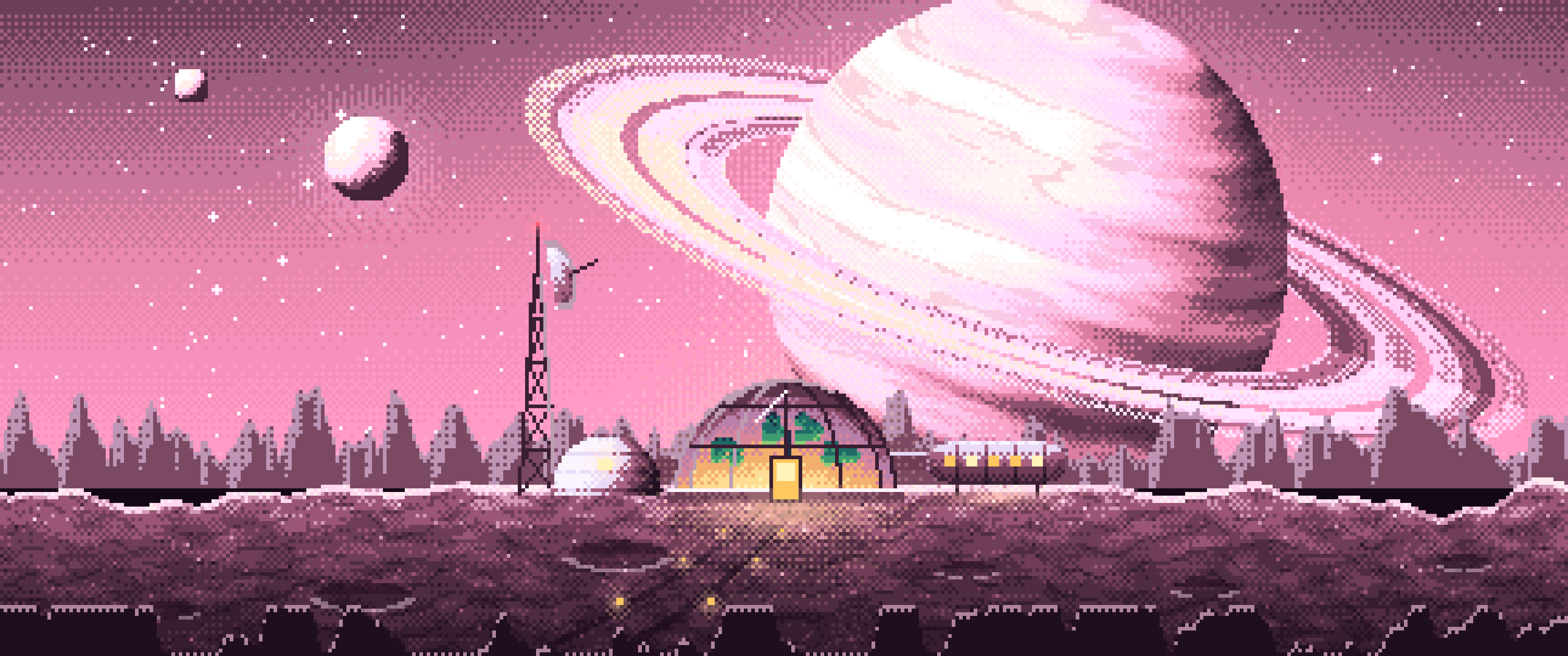 Pink Pixel Art Space Outpost Under a Ringed Planet ultrawide wallpaper, 3440 × 1440