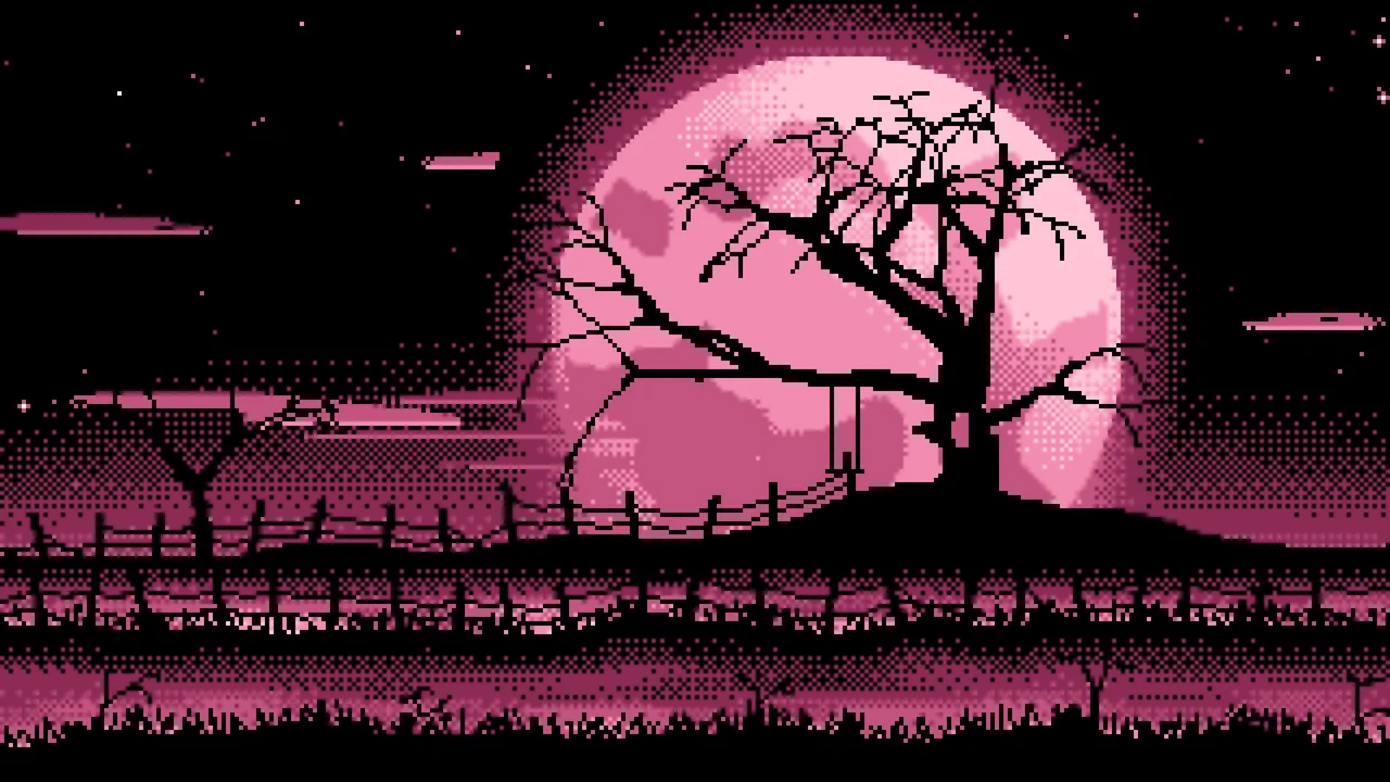 Pink Pixel Art Spooky Tree and Full Moon desktop wallpaper in 4K